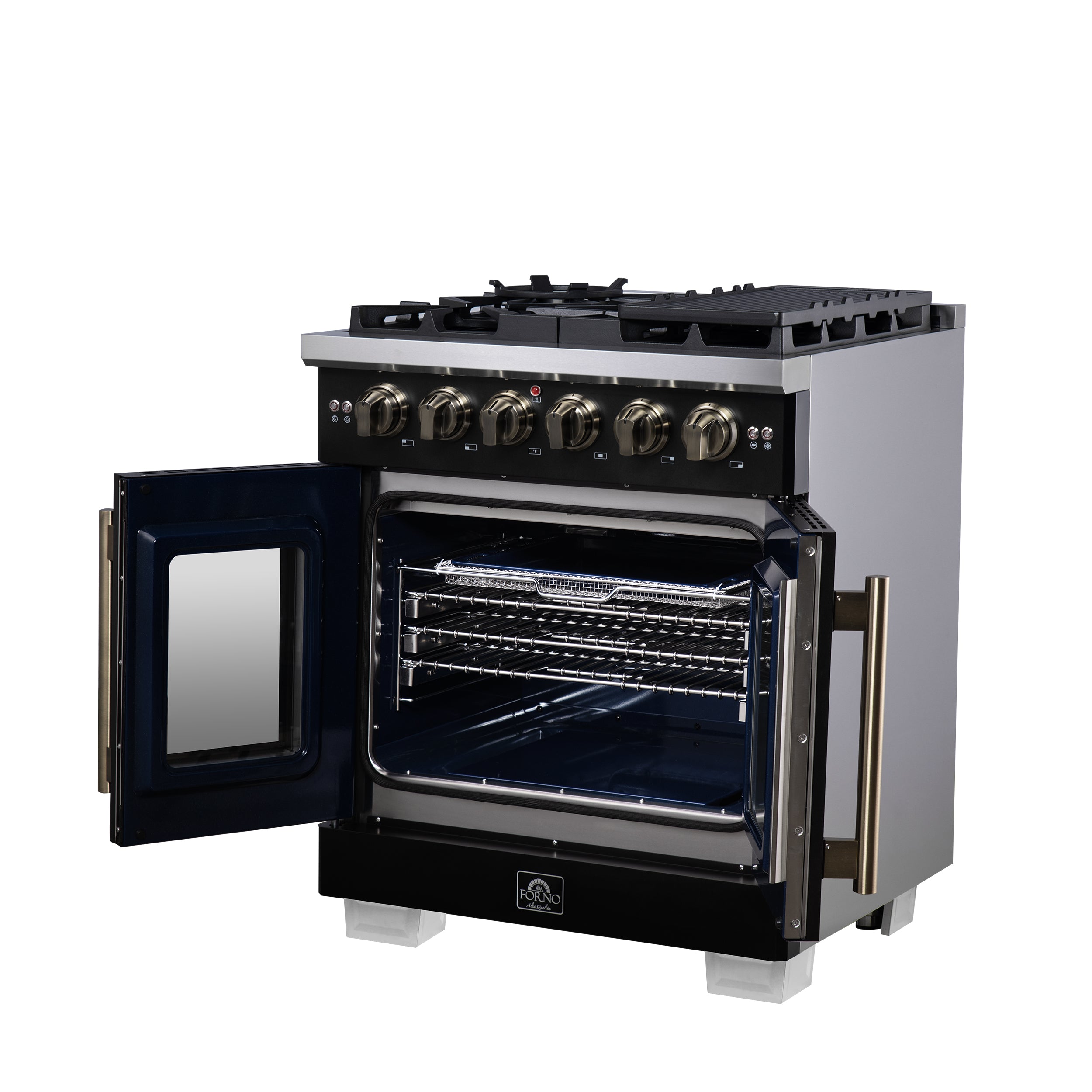 Capriasca 30-Inch Freestanding French Door Gas Range, 4 Burners, Convection Oven, Energy Efficient FFSGS646030BLK