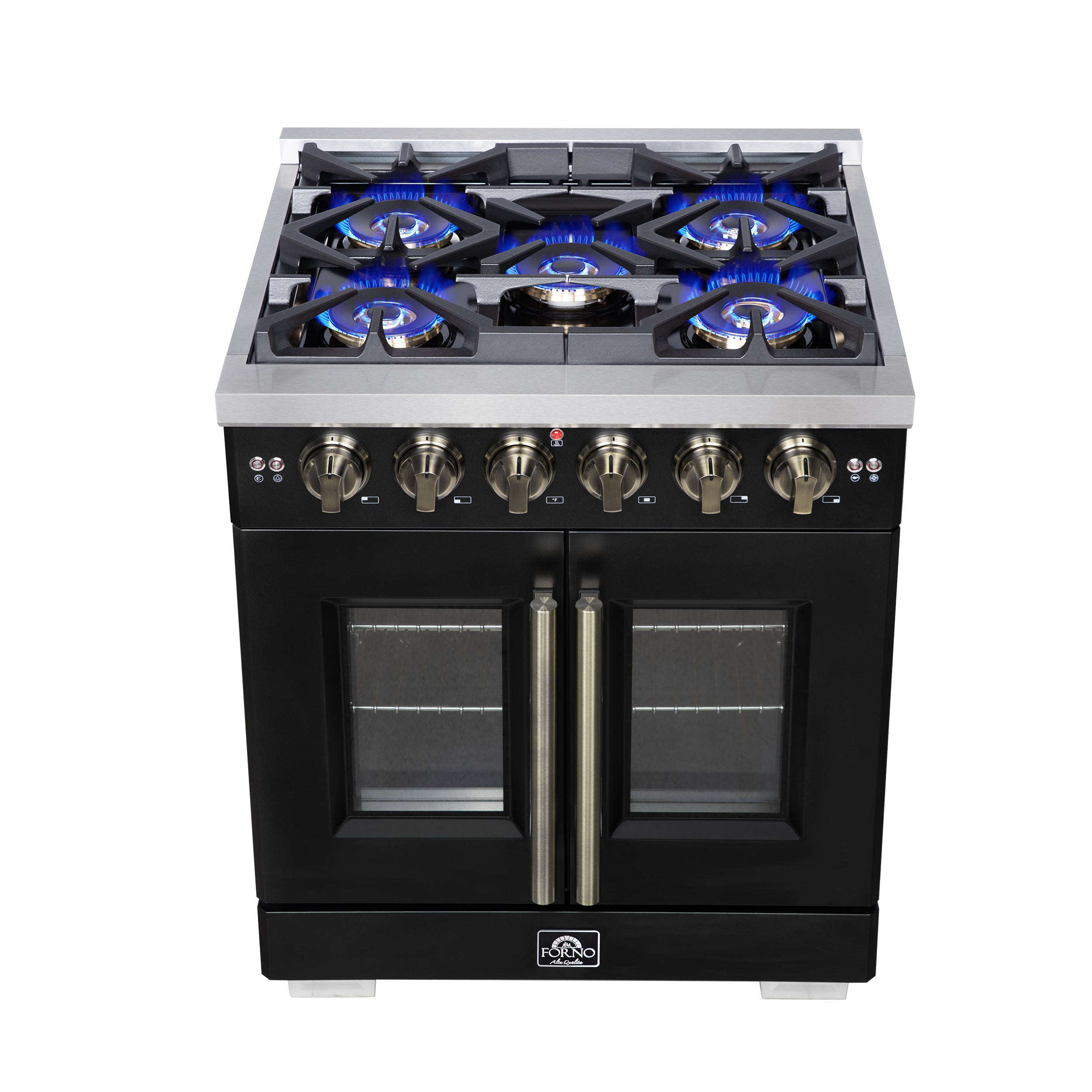 Capriasca 30-Inch Freestanding French Door Gas Range, 4 Burners, Convection Oven, Energy Efficient FFSGS646030BLK