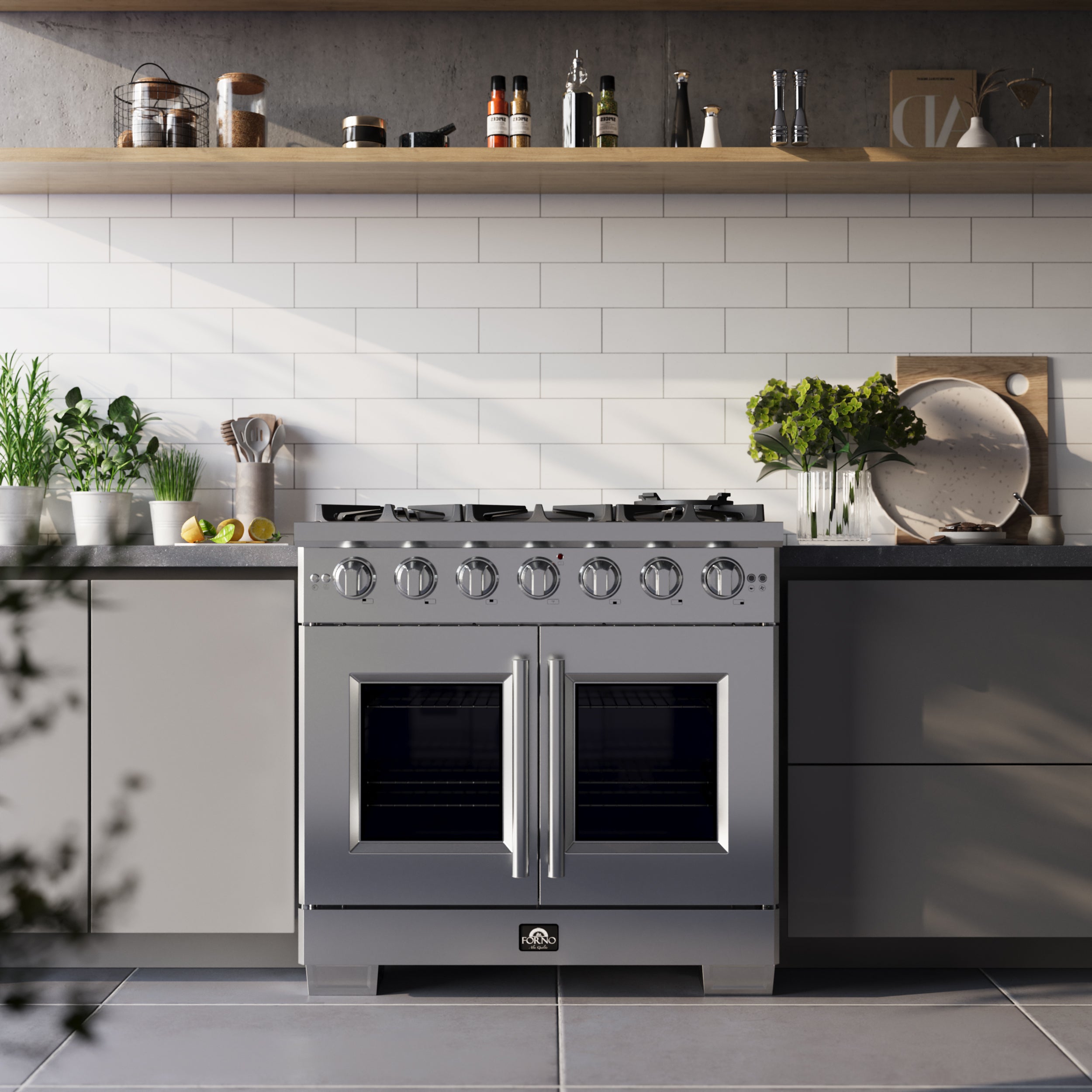 Capriasca 36-Inch Freestanding French Door Gas Range, 6 Burners, Convection Oven, Energy Efficient FFSGS646036