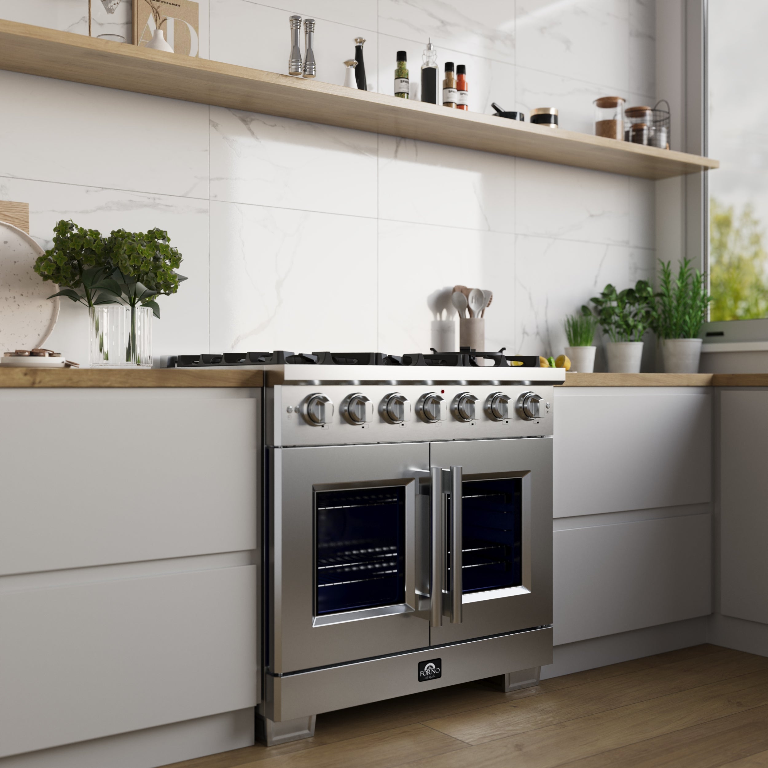 Capriasca 36-Inch Freestanding French Door Gas Range, 6 Burners, Convection Oven, Energy Efficient FFSGS646036