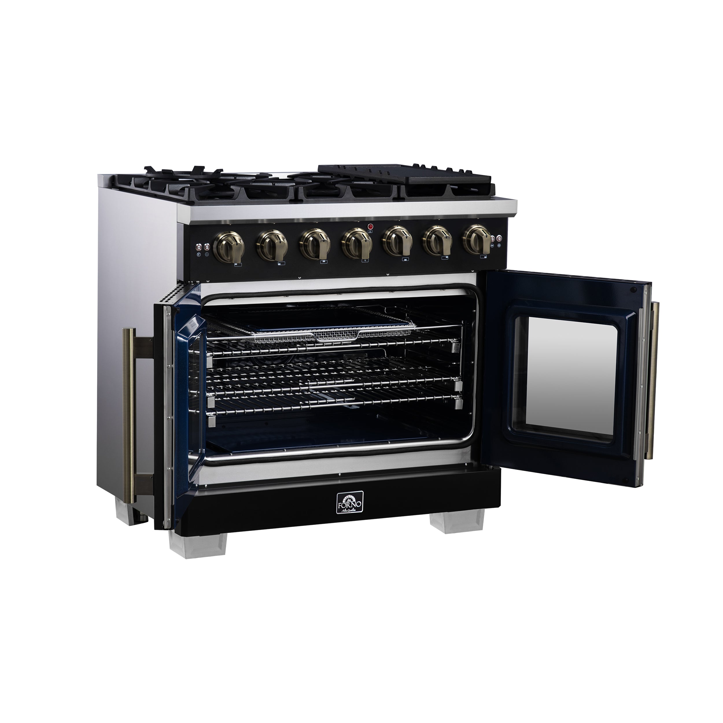 Capriasca 36-Inch Freestanding French Door Gas Range, 6 Burners, Convection Oven, Energy Efficient FFSGS646036BLK