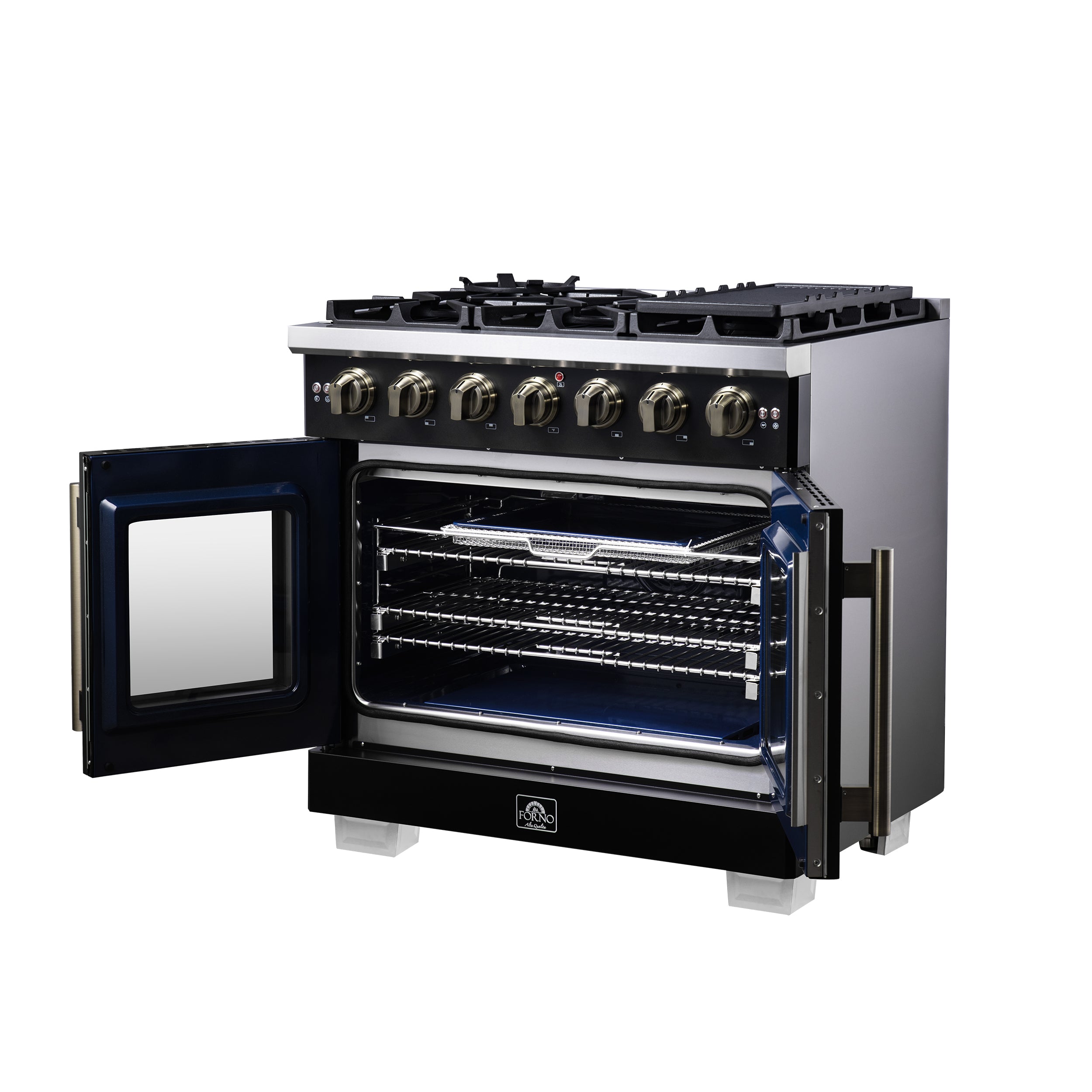 Capriasca 36-Inch Freestanding French Door Gas Range, 6 Burners, Convection Oven, Energy Efficient FFSGS646036BLK