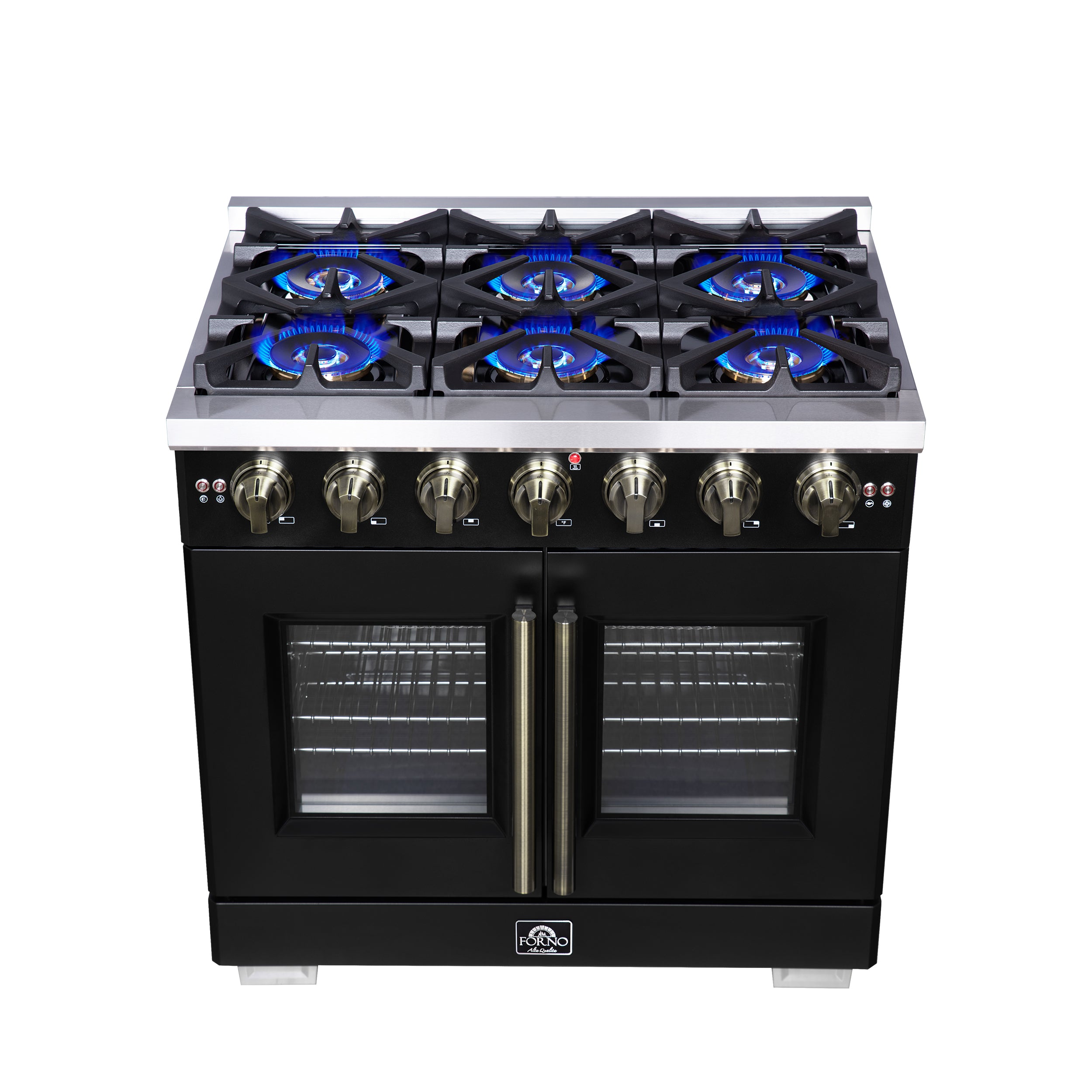 Capriasca 36-Inch Freestanding French Door Gas Range, 6 Burners, Convection Oven, Energy Efficient FFSGS646036BLK