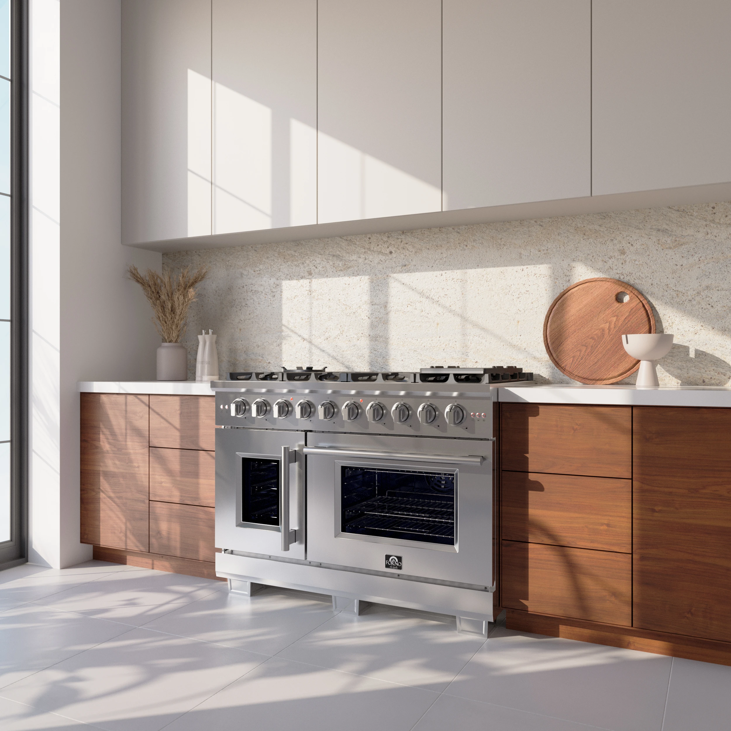 Capriasca 48-Inch Freestanding French Door Gas Range, 8 Burners, Convection Oven, Energy Efficient FFSGS646048