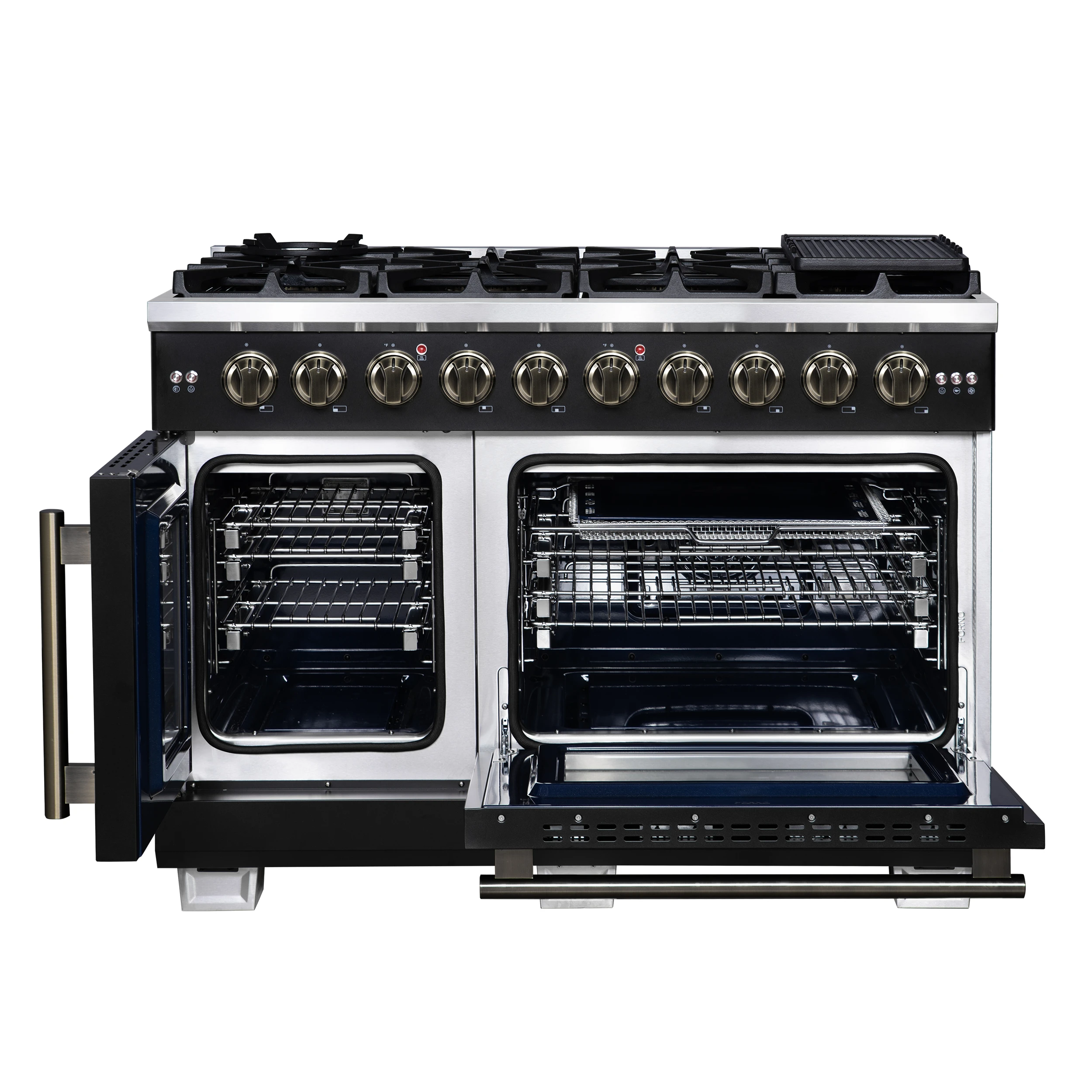 Capriasca 48-Inch Black Freestanding French Door Gas Range, 8 Burners, Convection Oven, Energy Efficient FFSGS646048BLK