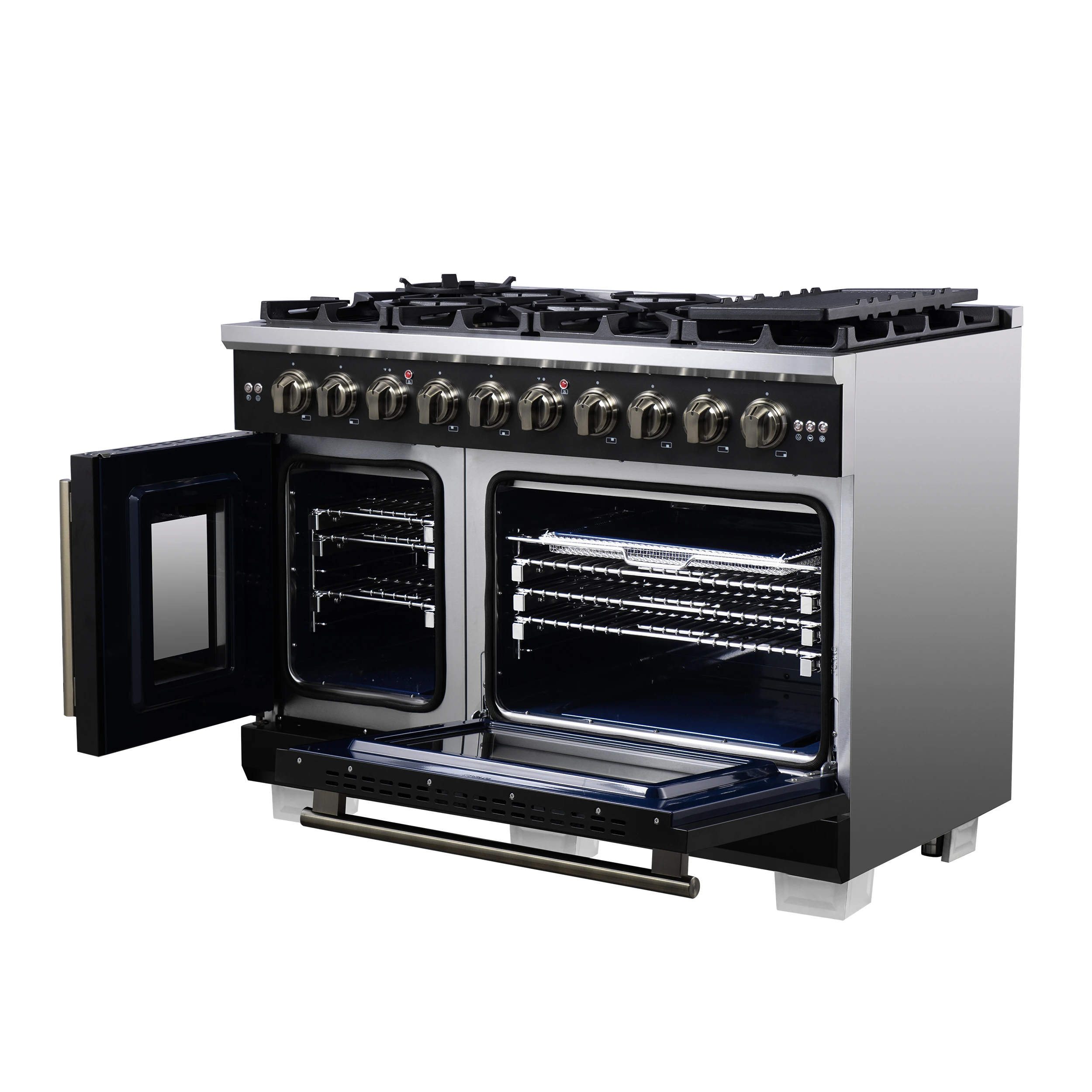 Capriasca 48-Inch Black Freestanding French Door Gas Range, 8 Burners, Convection Oven, Energy Efficient FFSGS646048BLK