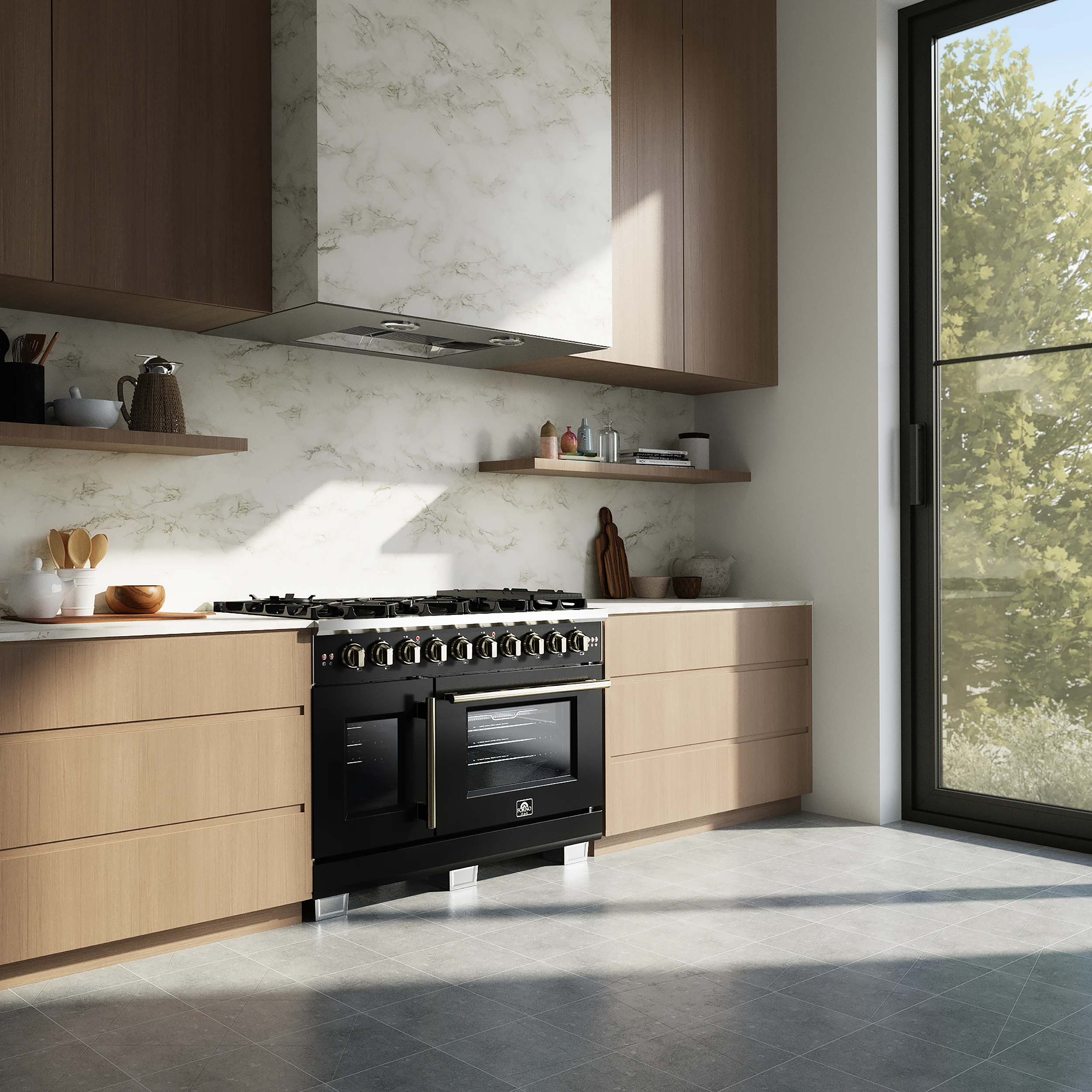 Capriasca 48-Inch Black Freestanding French Door Gas Range, 8 Burners, Convection Oven, Energy Efficient FFSGS646048BLK