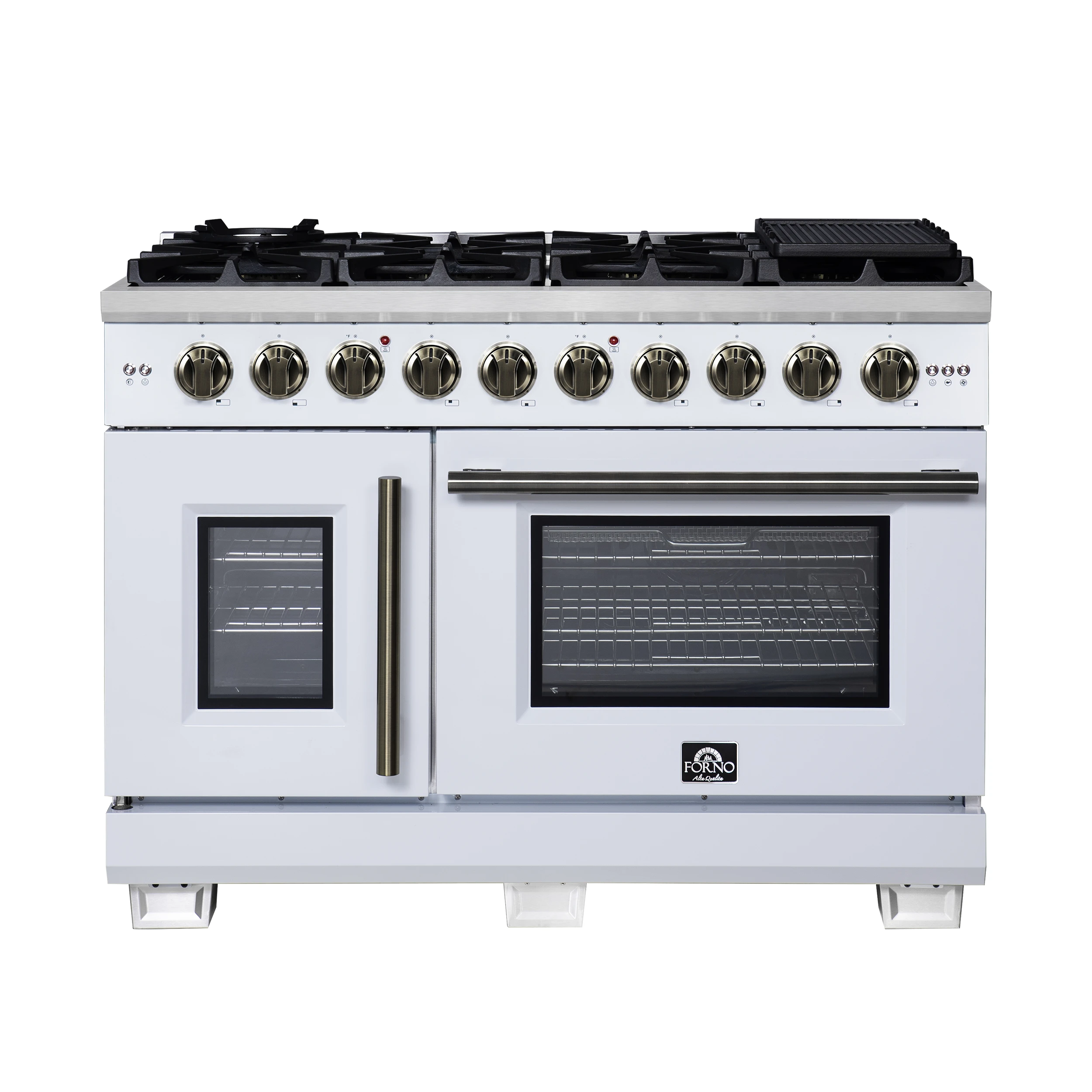 Capriasca 48-Inch White Freestanding French Door Gas Range, 8 Burners, Convection Oven, Energy Efficient FFSGS646048WHT