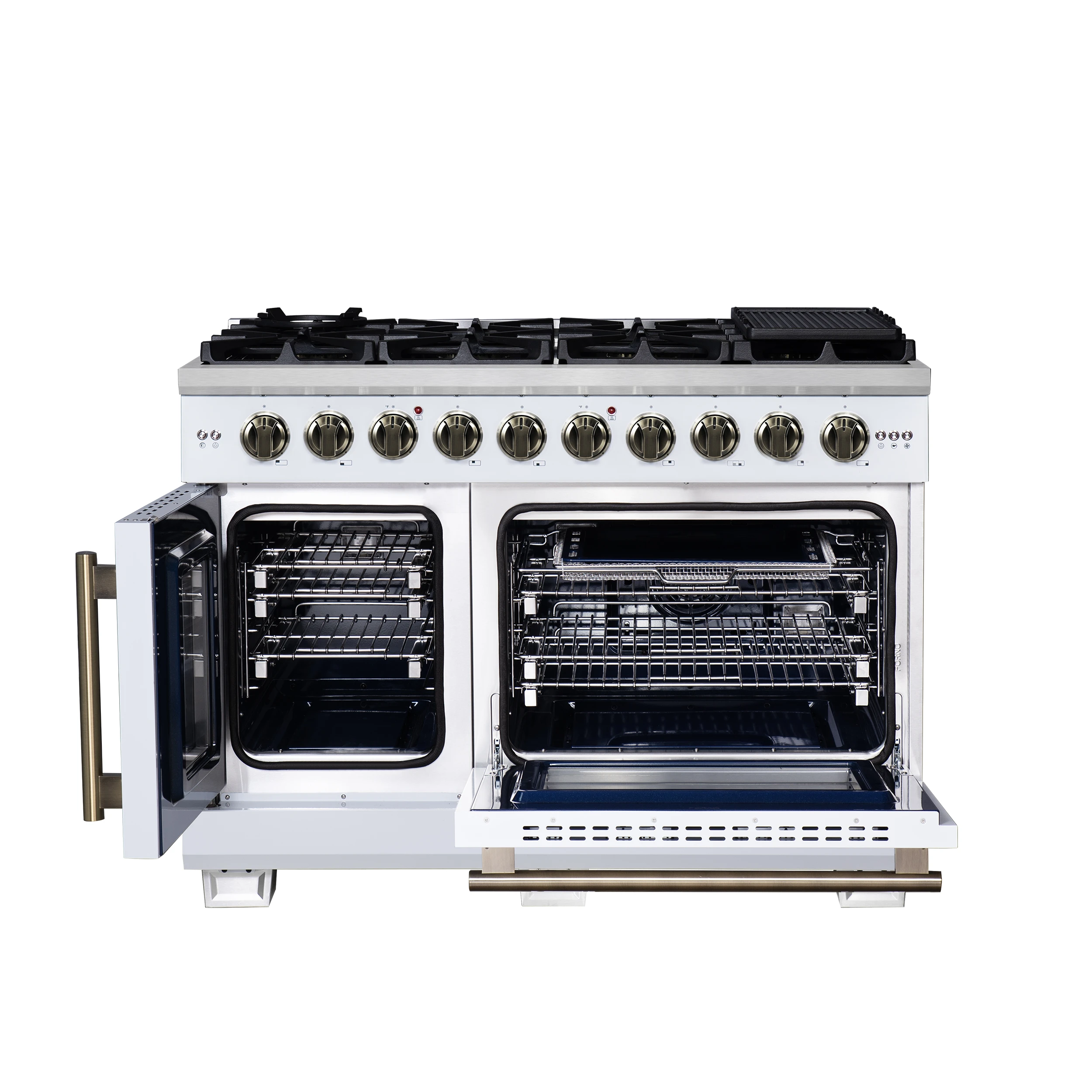 Capriasca 48-Inch White Freestanding French Door Gas Range, 8 Burners, Convection Oven, Energy Efficient FFSGS646048WHT