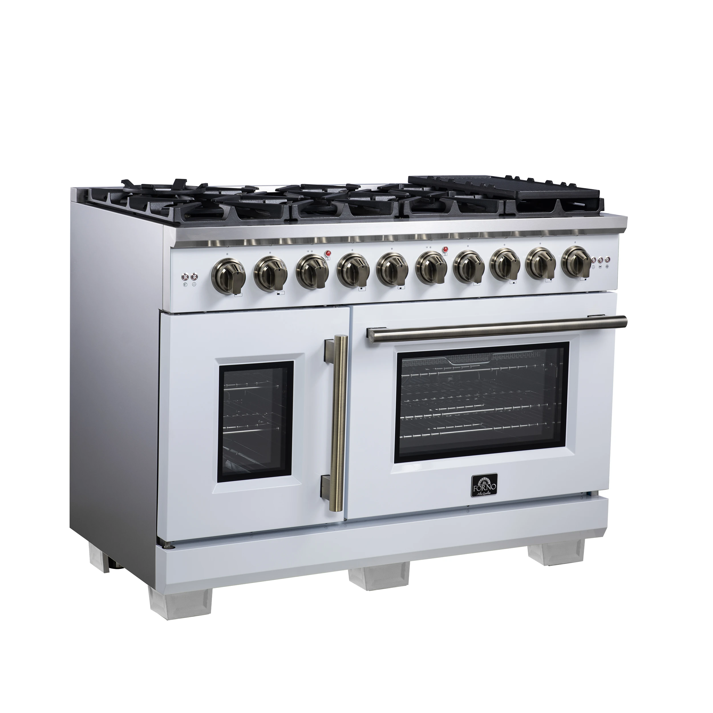 Capriasca 48-Inch White Freestanding French Door Gas Range, 8 Burners, Convection Oven, Energy Efficient FFSGS646048WHT