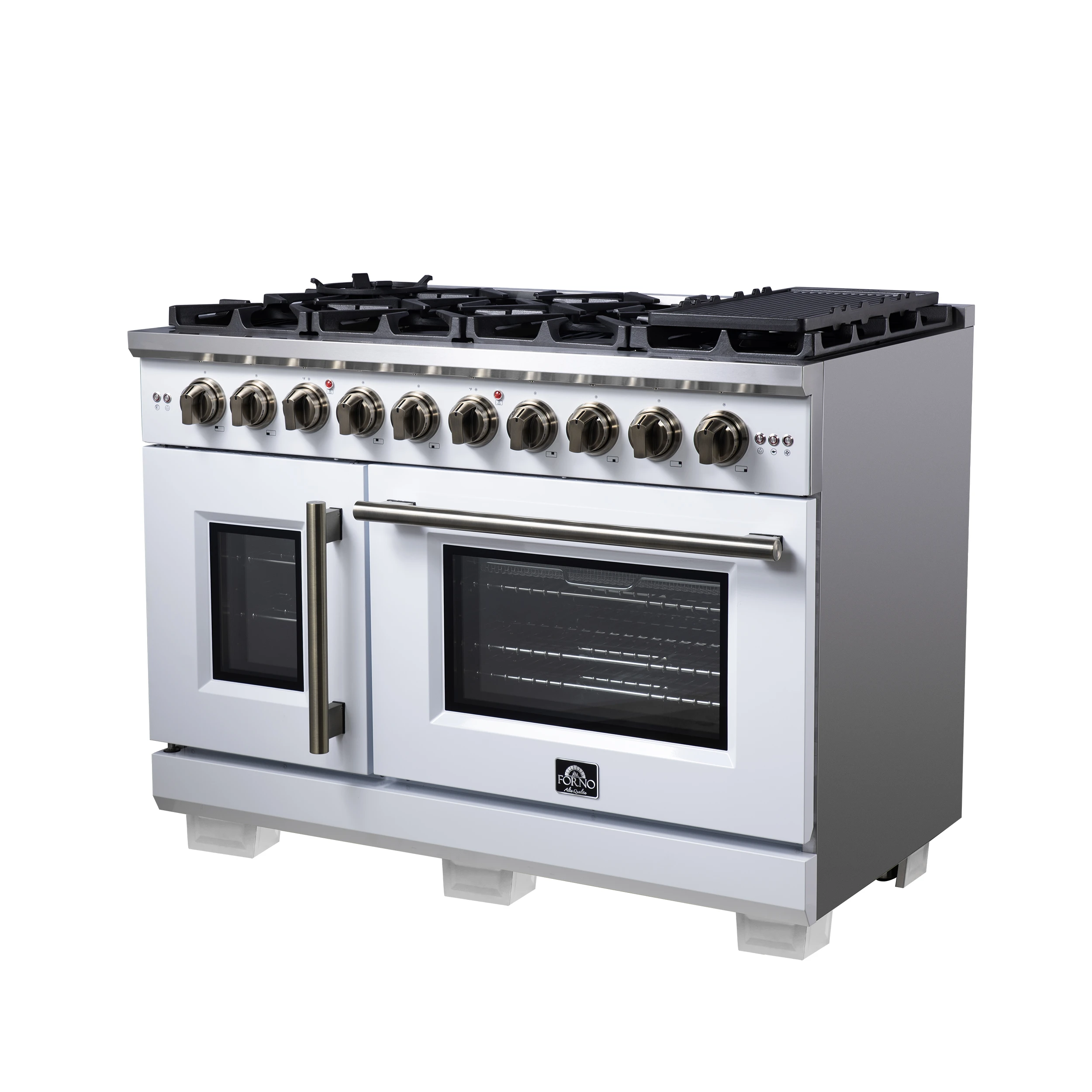 Capriasca 48-Inch White Freestanding French Door Gas Range, 8 Burners, Convection Oven, Energy Efficient FFSGS646048WHT