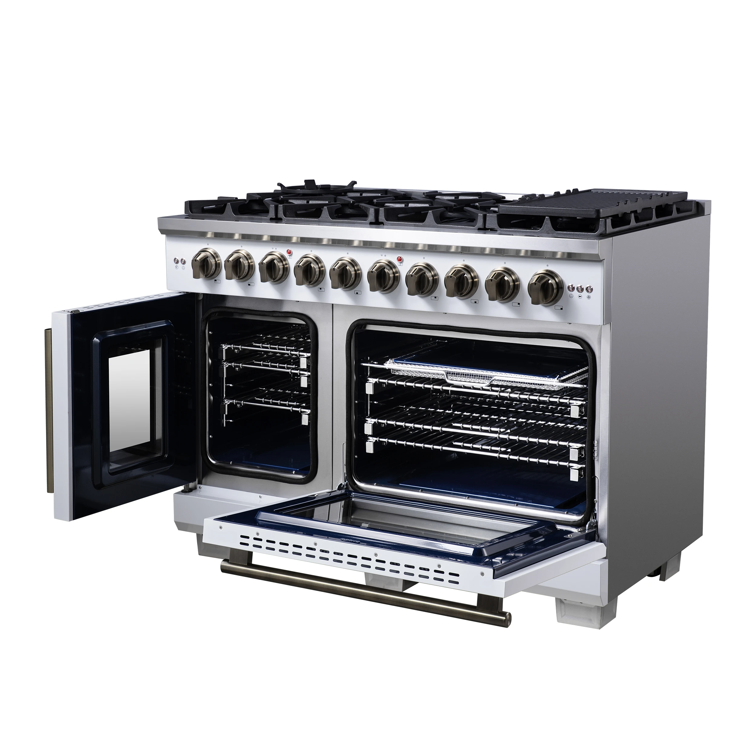 Capriasca 48-Inch White Freestanding French Door Gas Range, 8 Burners, Convection Oven, Energy Efficient FFSGS646048WHT