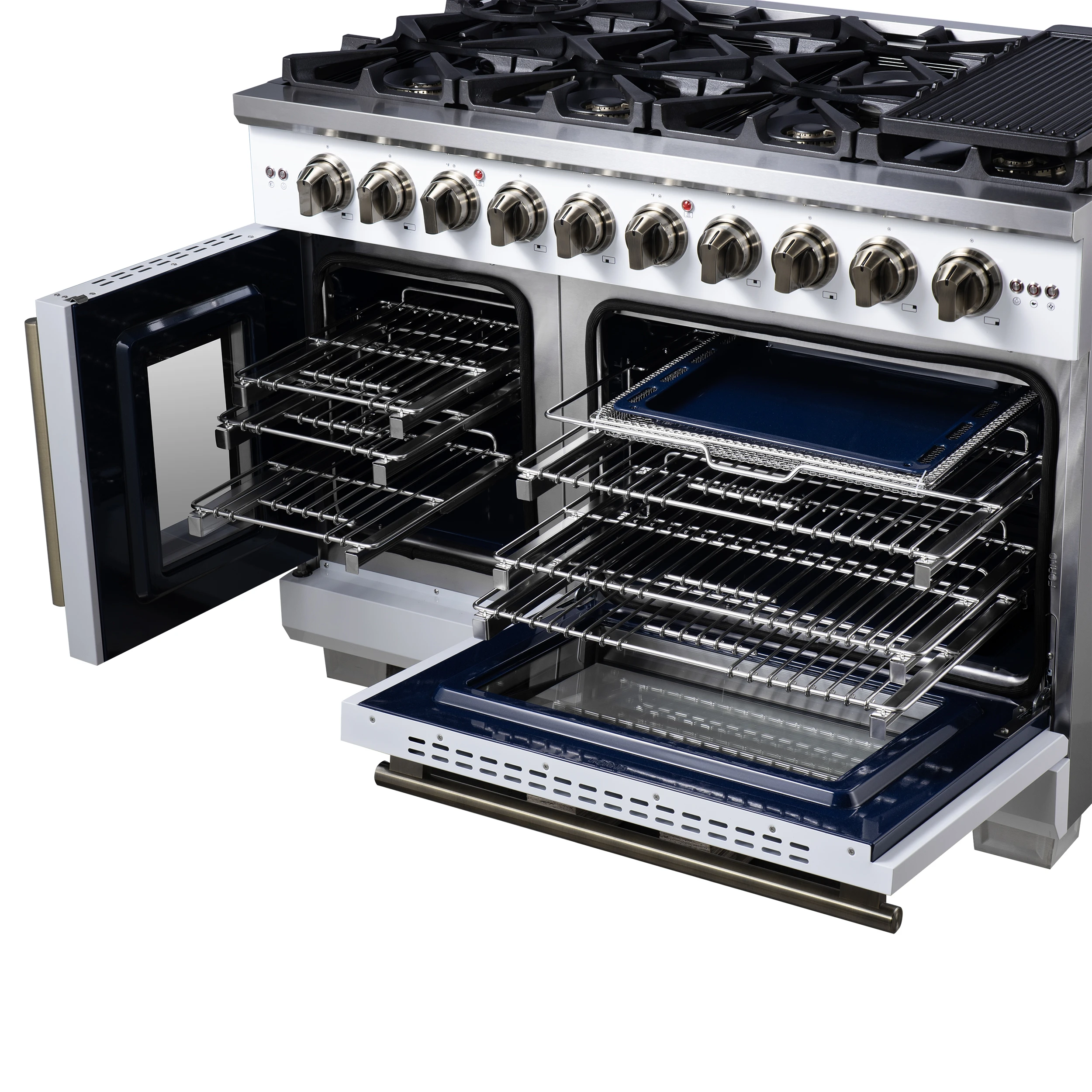 Capriasca 48-Inch White Freestanding French Door Gas Range, 8 Burners, Convection Oven, Energy Efficient FFSGS646048WHT