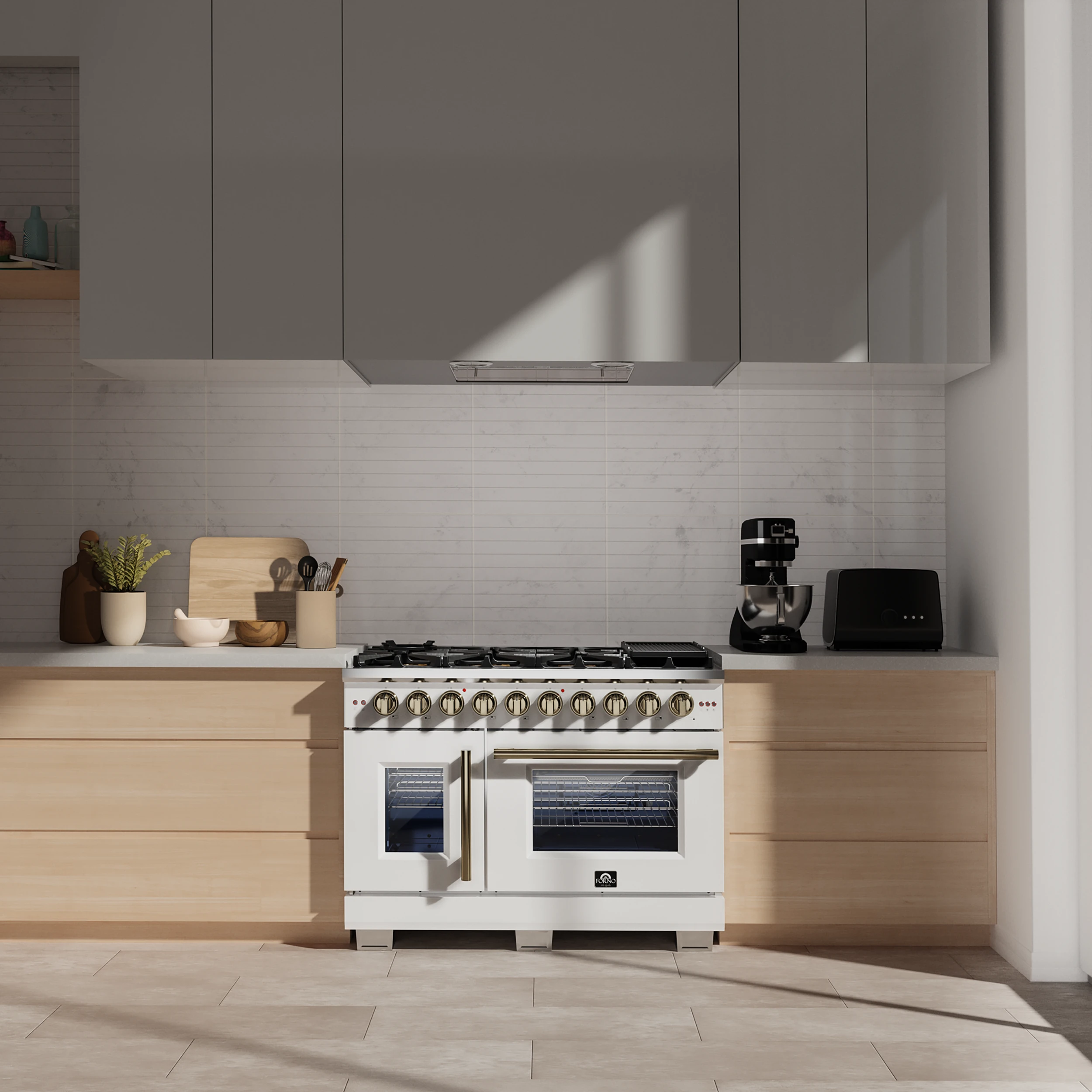 Capriasca 48-Inch White Freestanding French Door Gas Range, 8 Burners, Convection Oven, Energy Efficient FFSGS646048WHT