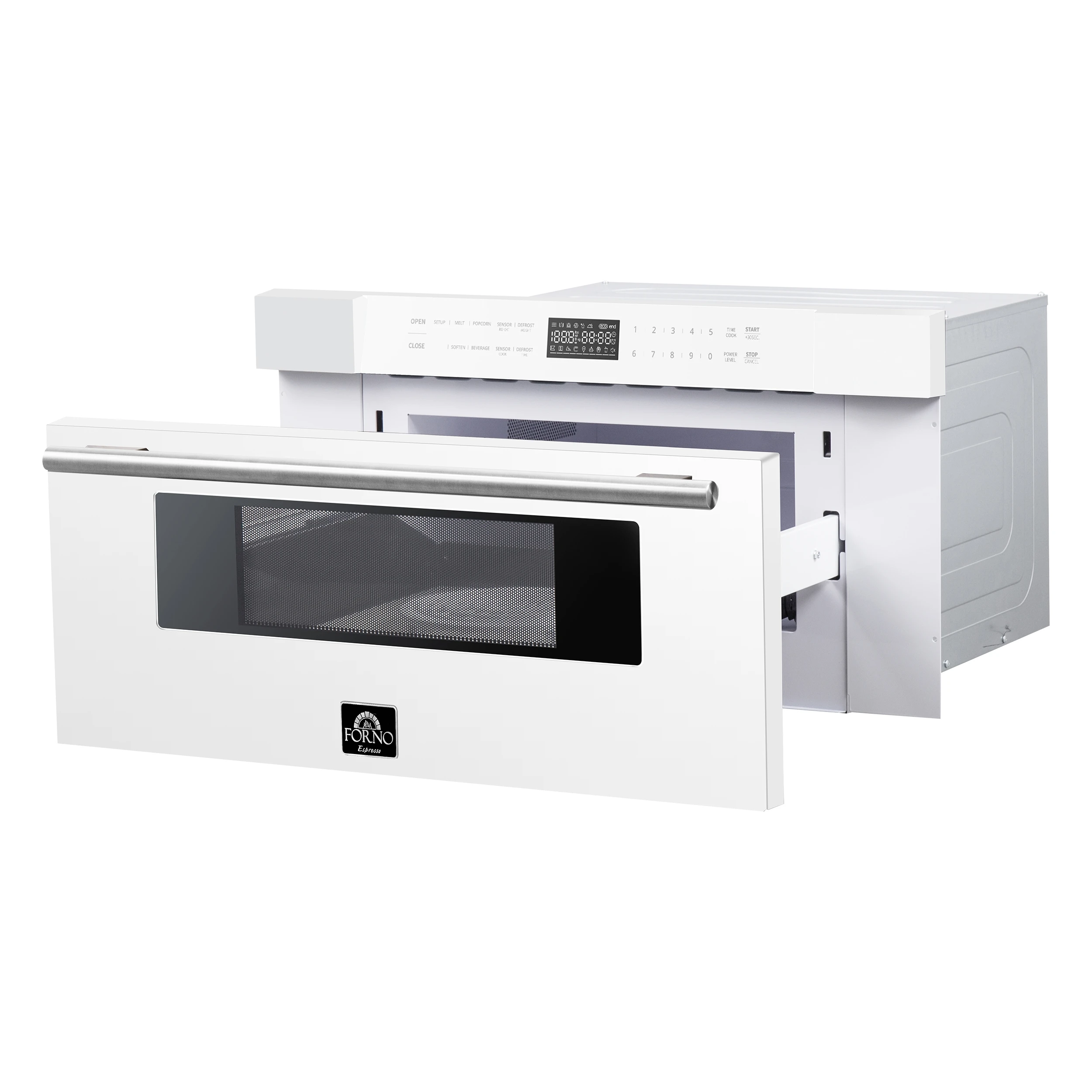 Capoliveri Espresso 30-Inch Microwave Drawer, White, 1.2 cu.ft, 1500 Watts, Built-In, Touch Control LCD Display, Auto-Touch Open/Close, 11 Power Levels, Sensor Cooking FMWDR300030WHT