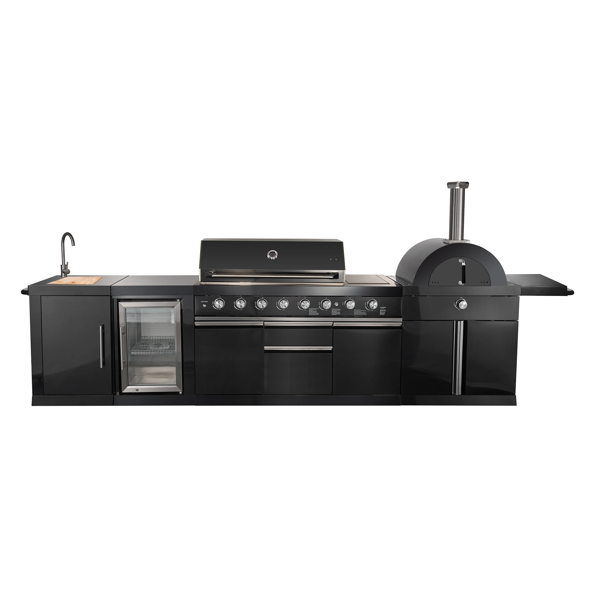 All’Aperto 87,600 BTU Outdoor Kitchen, 4 Burners, Infrared Burners, Side Burner, Black Sintered Stone Countertops, Gas Pizza Oven, Sink Module, Bar & Beverage Center FODKT2551BLK