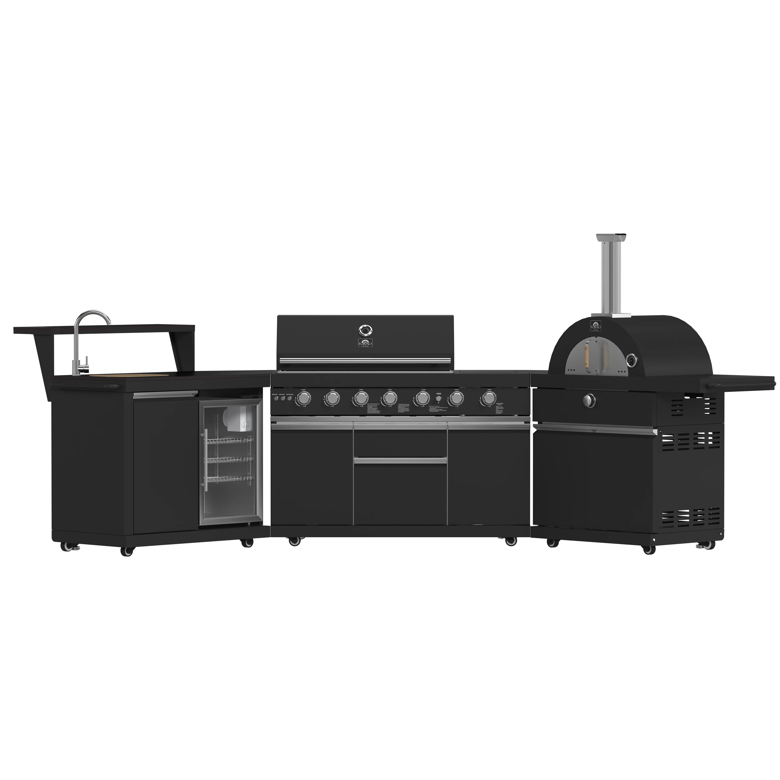 All’Aperto 87,600 BTU Outdoor Kitchen, 4 Burners, Infrared Burners, Side Burner, Black Sintered Stone Countertops, Gas Pizza Oven, Sink Module, Bar & Beverage Center FODKT2551BLK