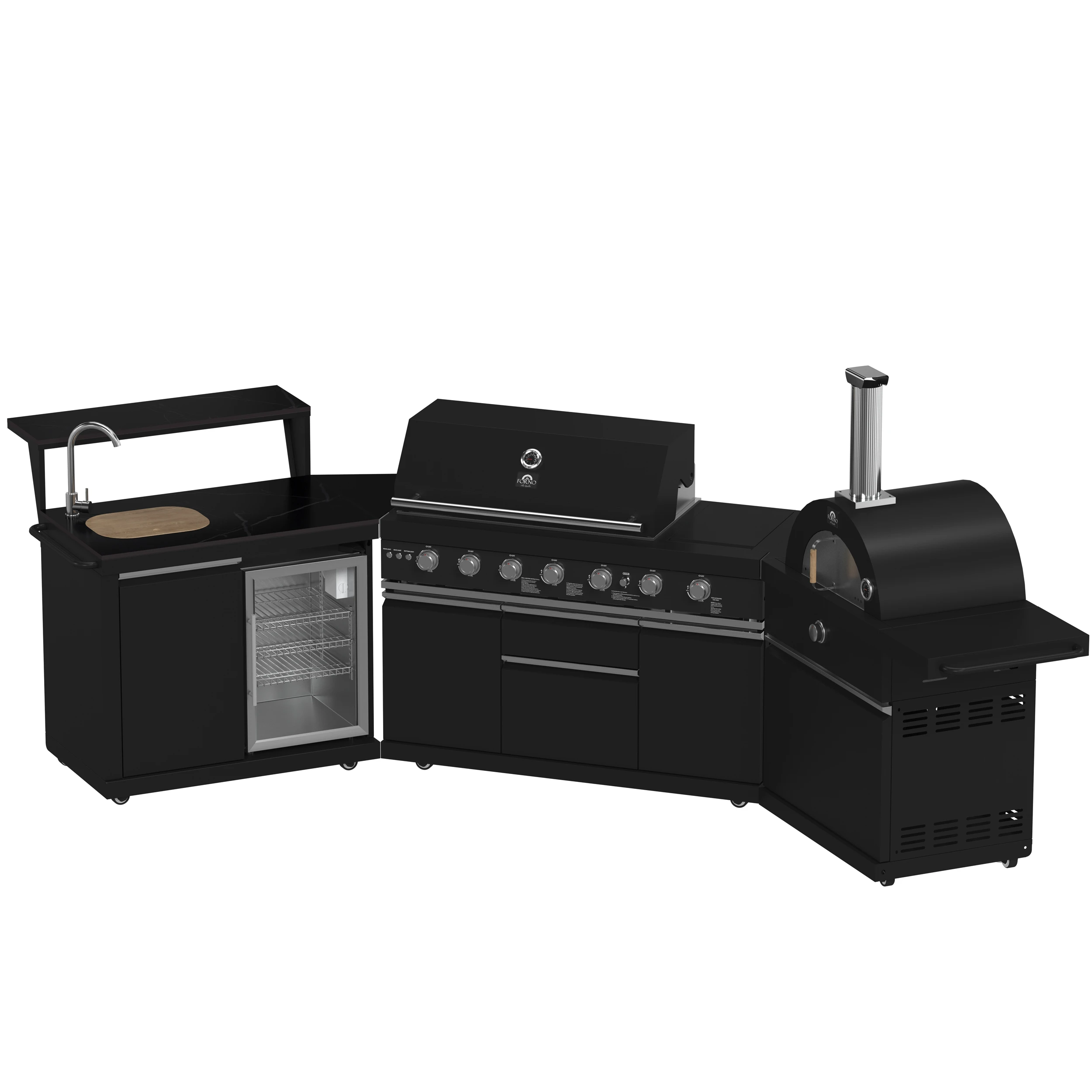 All’Aperto 87,600 BTU Outdoor Kitchen, 4 Burners, Infrared Burners, Side Burner, Black Sintered Stone Countertops, Gas Pizza Oven, Sink Module, Bar & Beverage Center FODKT2551BLK