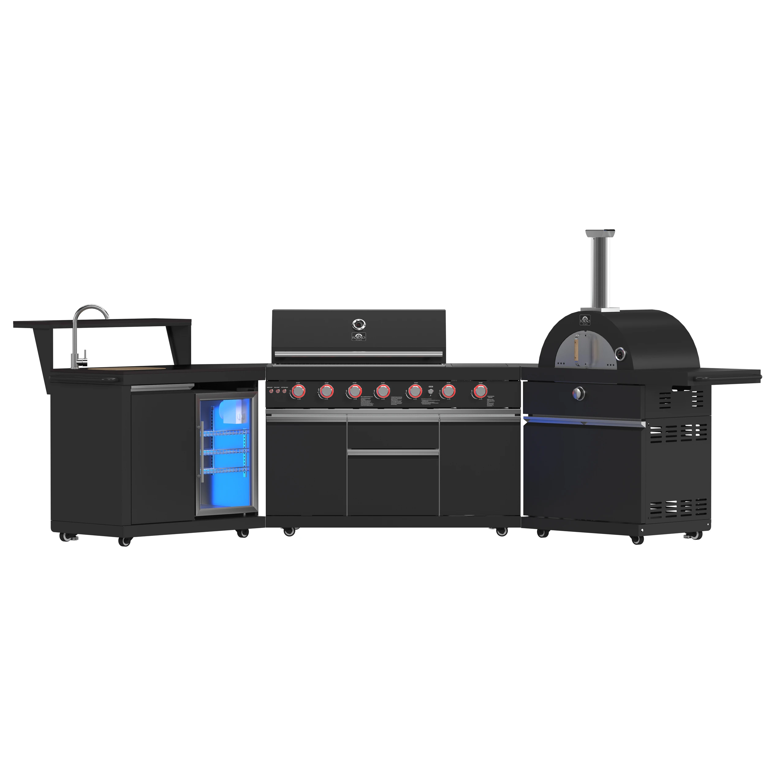 All’Aperto 87,600 BTU Outdoor Kitchen, 4 Burners, Infrared Burners, Side Burner, Black Sintered Stone Countertops, Gas Pizza Oven, Sink Module, Bar & Beverage Center FODKT2551BLK
