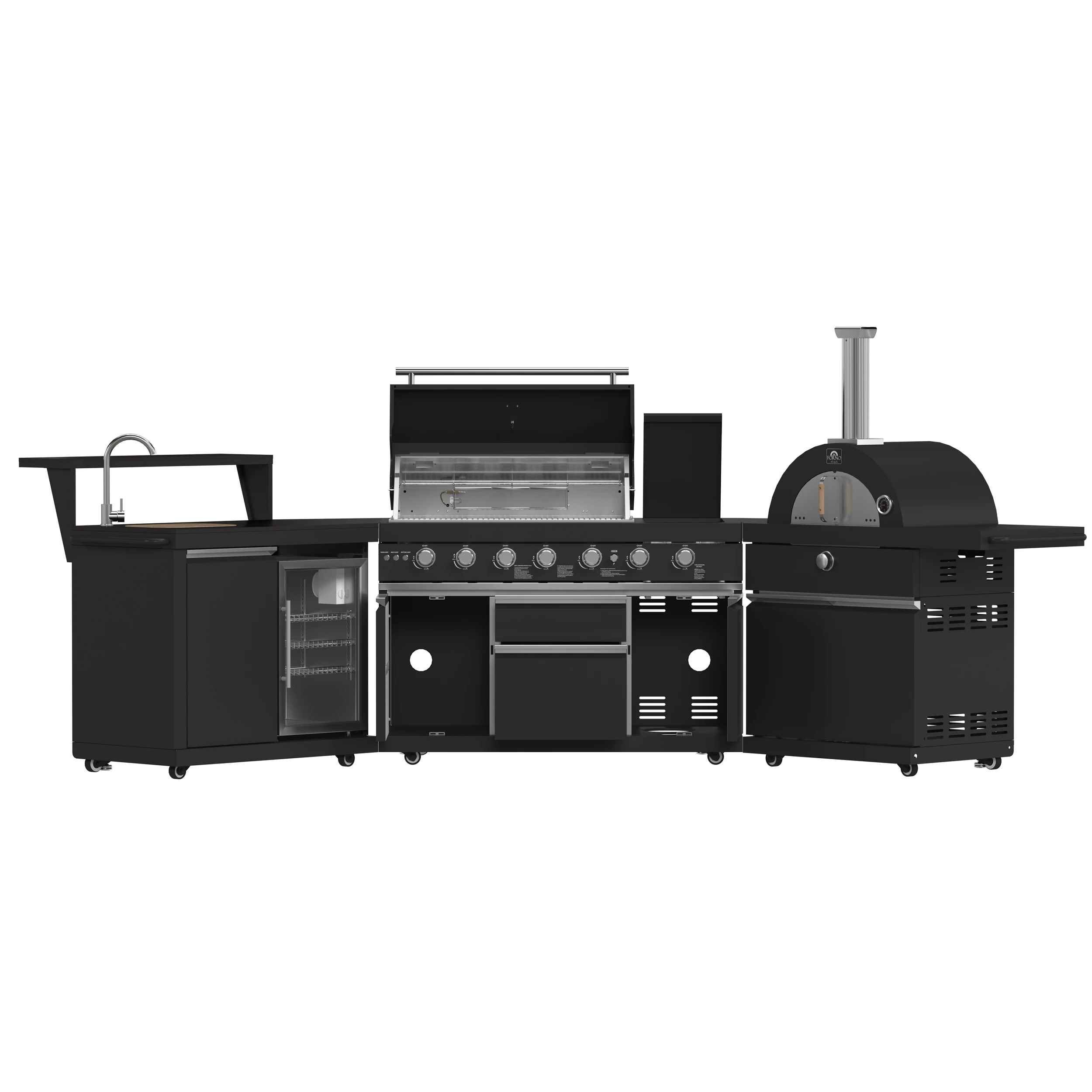 All’Aperto 87,600 BTU Outdoor Kitchen, 4 Burners, Infrared Burners, Side Burner, Black Sintered Stone Countertops, Gas Pizza Oven, Sink Module, Bar & Beverage Center FODKT2551BLK