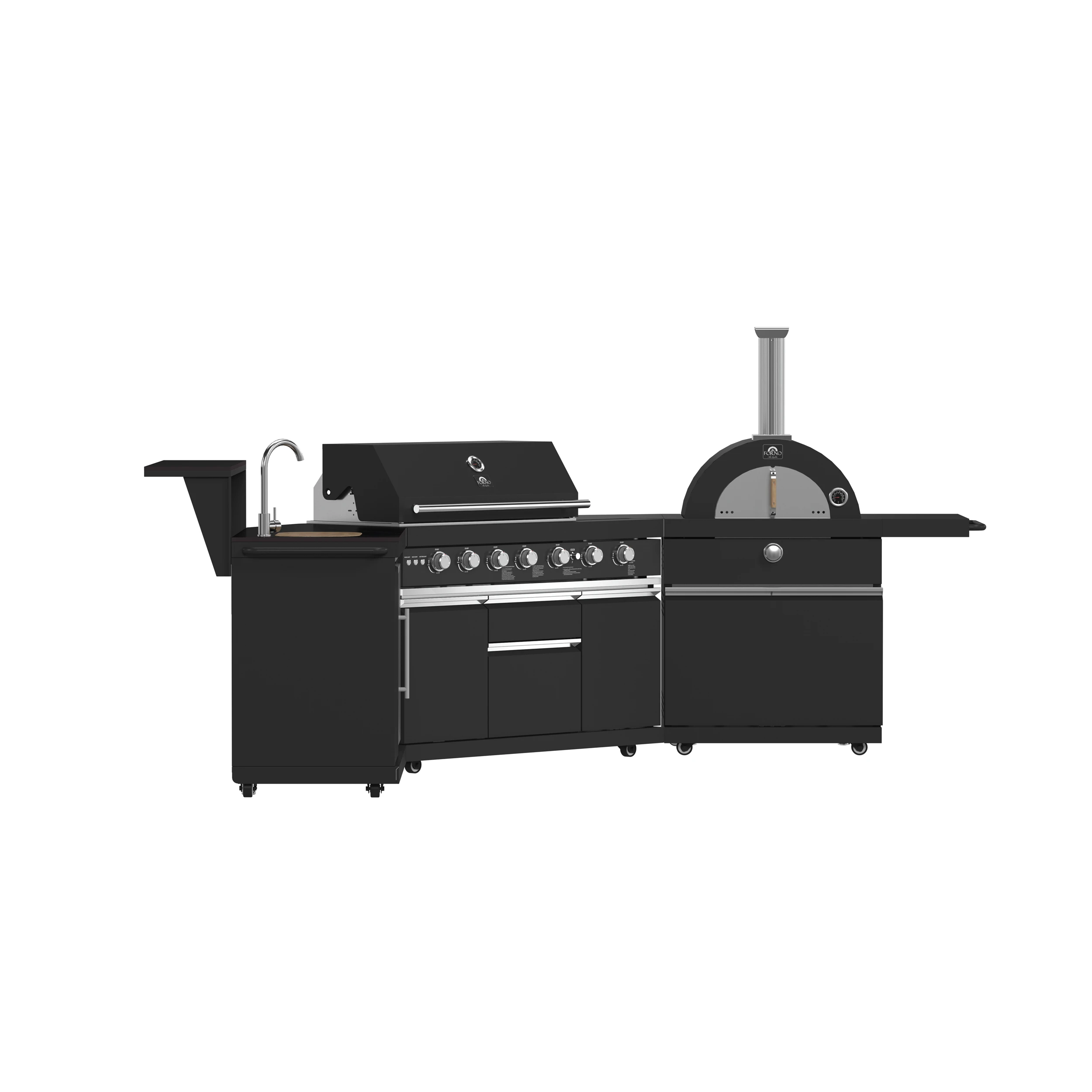 All’Aperto 87,600 BTU Outdoor Kitchen, 4 Burners, Infrared Burners, Side Burner, Black Sintered Stone Countertops, Gas Pizza Oven, Sink Module, Bar & Beverage Center FODKT2551BLK