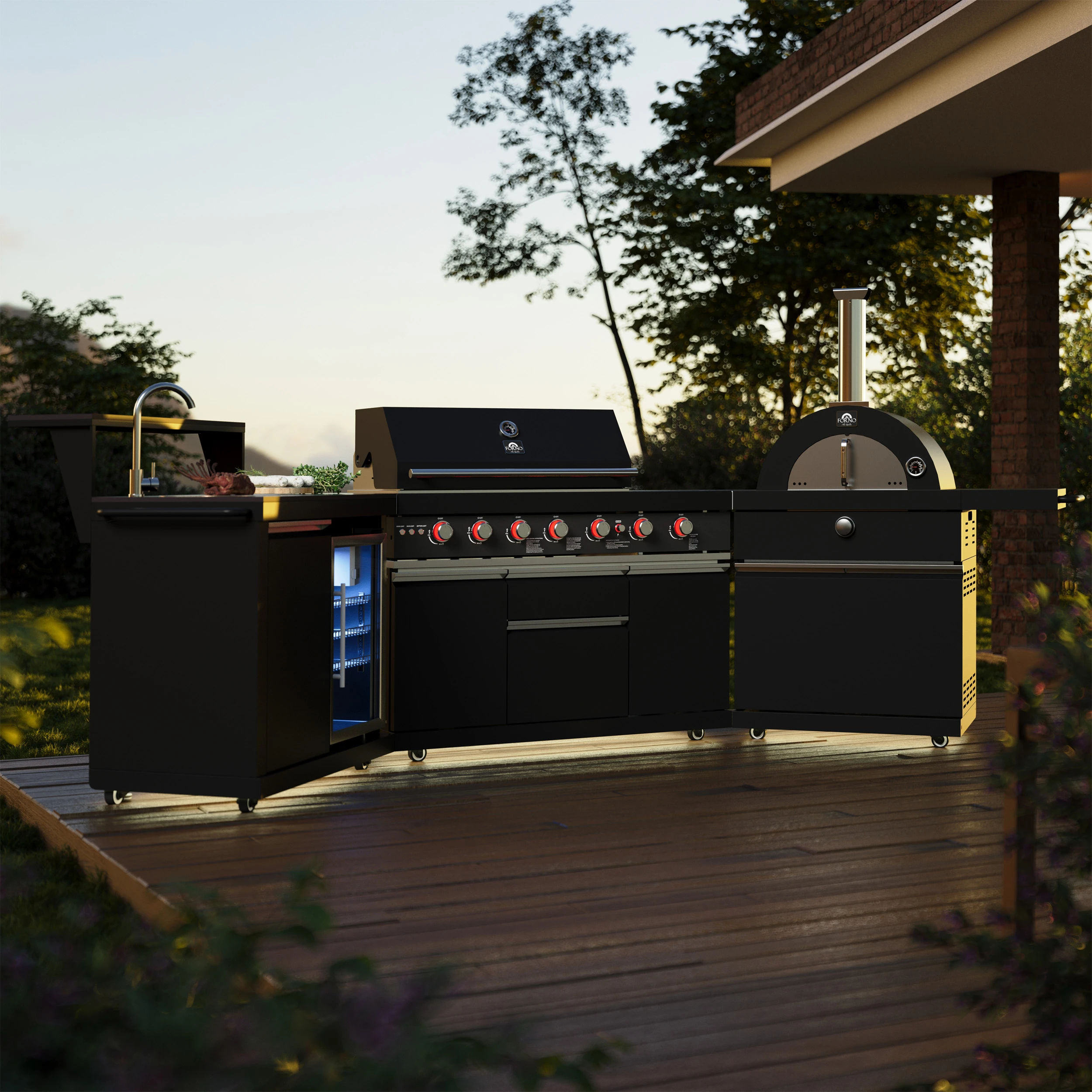 All’Aperto 87,600 BTU Outdoor Kitchen, 4 Burners, Infrared Burners, Side Burner, Black Sintered Stone Countertops, Gas Pizza Oven, Sink Module, Bar & Beverage Center FODKT2551BLK