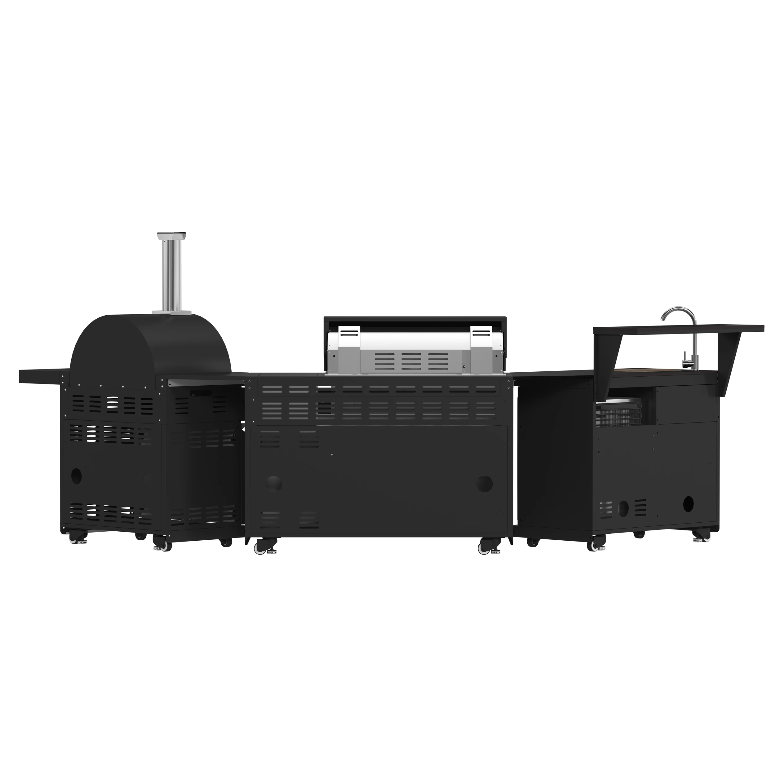All’Aperto 87,600 BTU Outdoor Kitchen, 4 Burners, Infrared Burners, Side Burner, Black Sintered Stone Countertops, Gas Pizza Oven, Sink Module, Bar & Beverage Center FODKT2551BLK