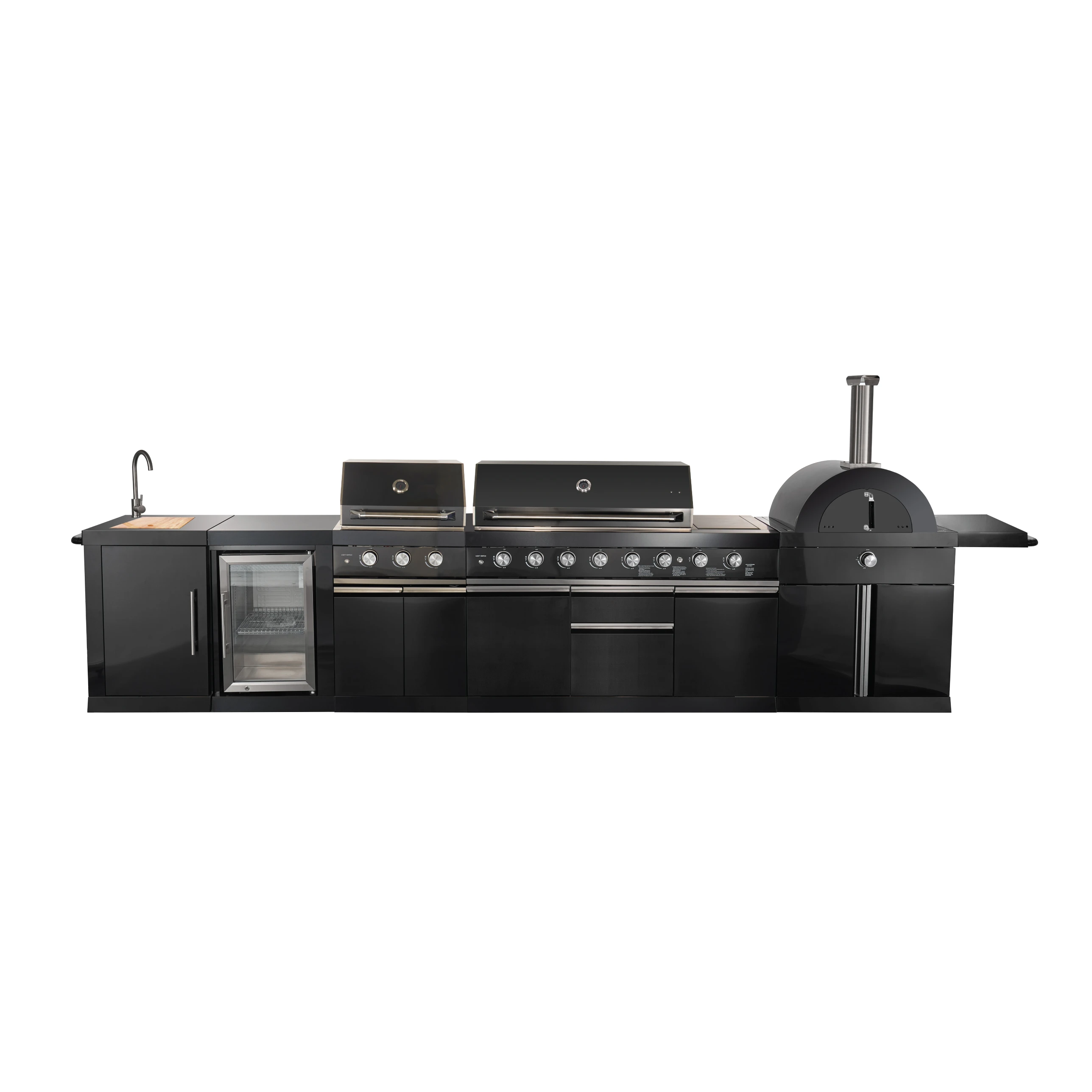 All’Aperto 99,600 BTU Outdoor Kitchen, 5 Burners, Infrared Burners, Side Burner, Black Sintered Stone Countertops, Gas Pizza Oven, Sink Module, Bar & Beverage Center FODKT2568BLK