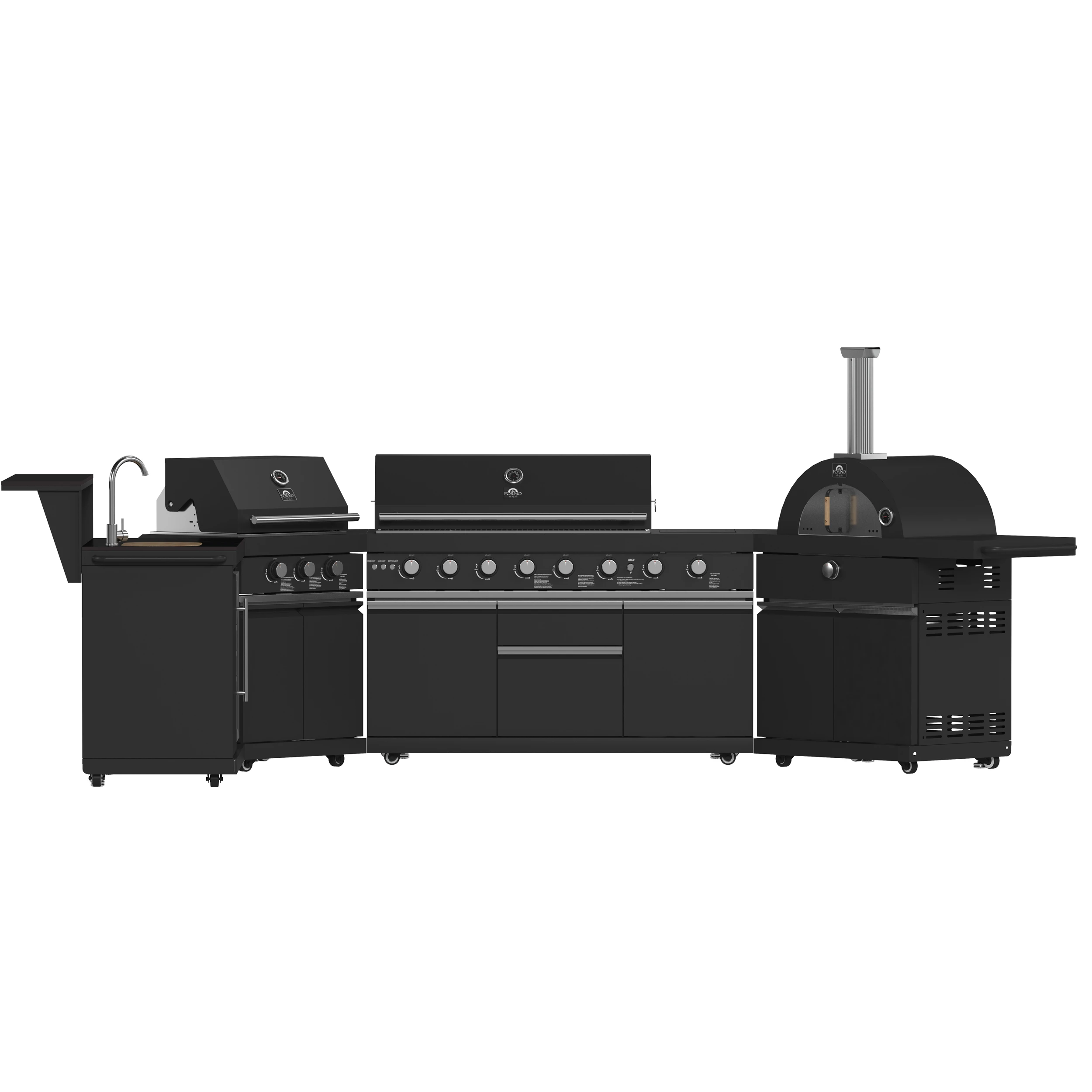All’Aperto 99,600 BTU Outdoor Kitchen, 5 Burners, Infrared Burners, Side Burner, Black Sintered Stone Countertops, Gas Pizza Oven, Sink Module, Bar & Beverage Center FODKT2568BLK