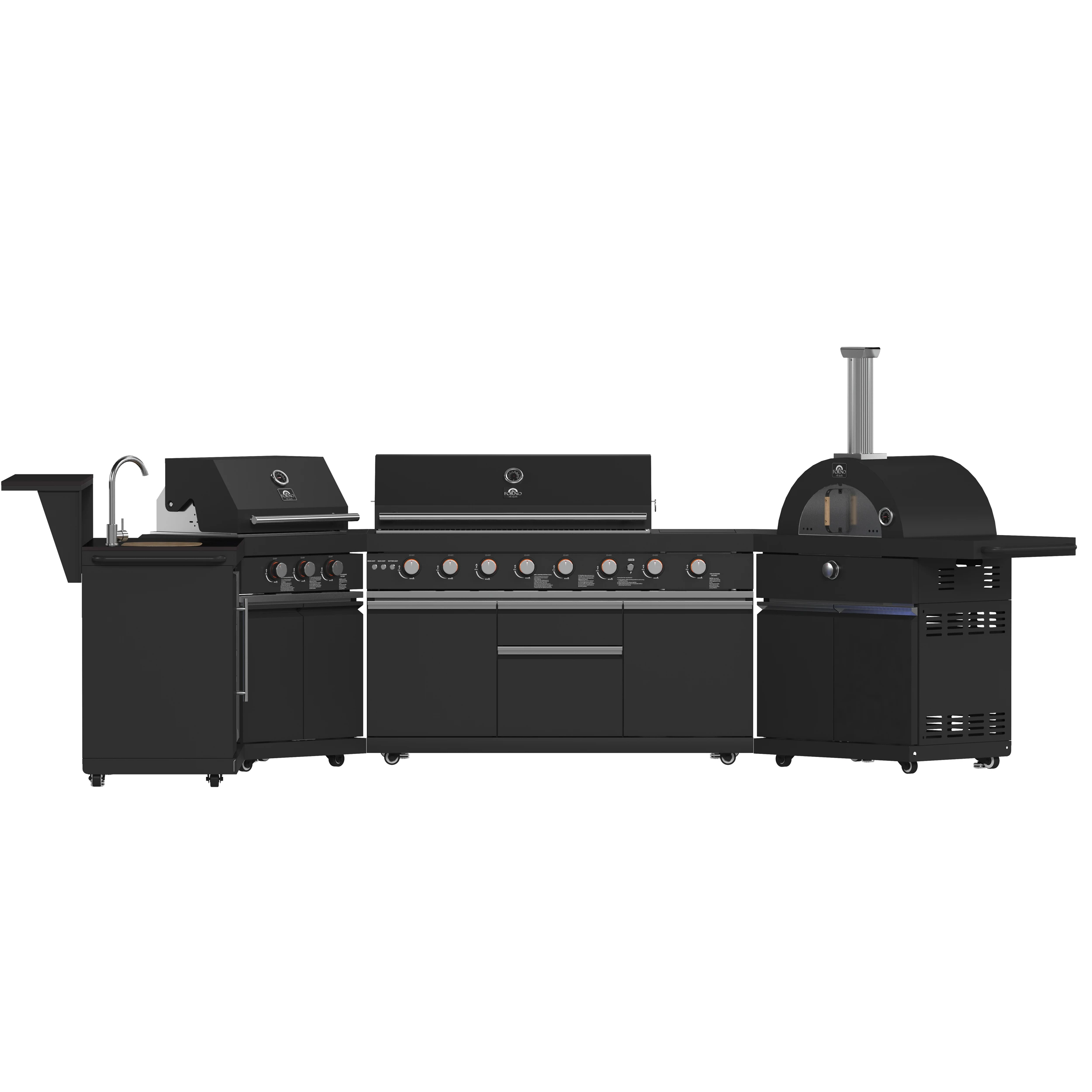 All’Aperto 99,600 BTU Outdoor Kitchen, 5 Burners, Infrared Burners, Side Burner, Black Sintered Stone Countertops, Gas Pizza Oven, Sink Module, Bar & Beverage Center FODKT2568BLK
