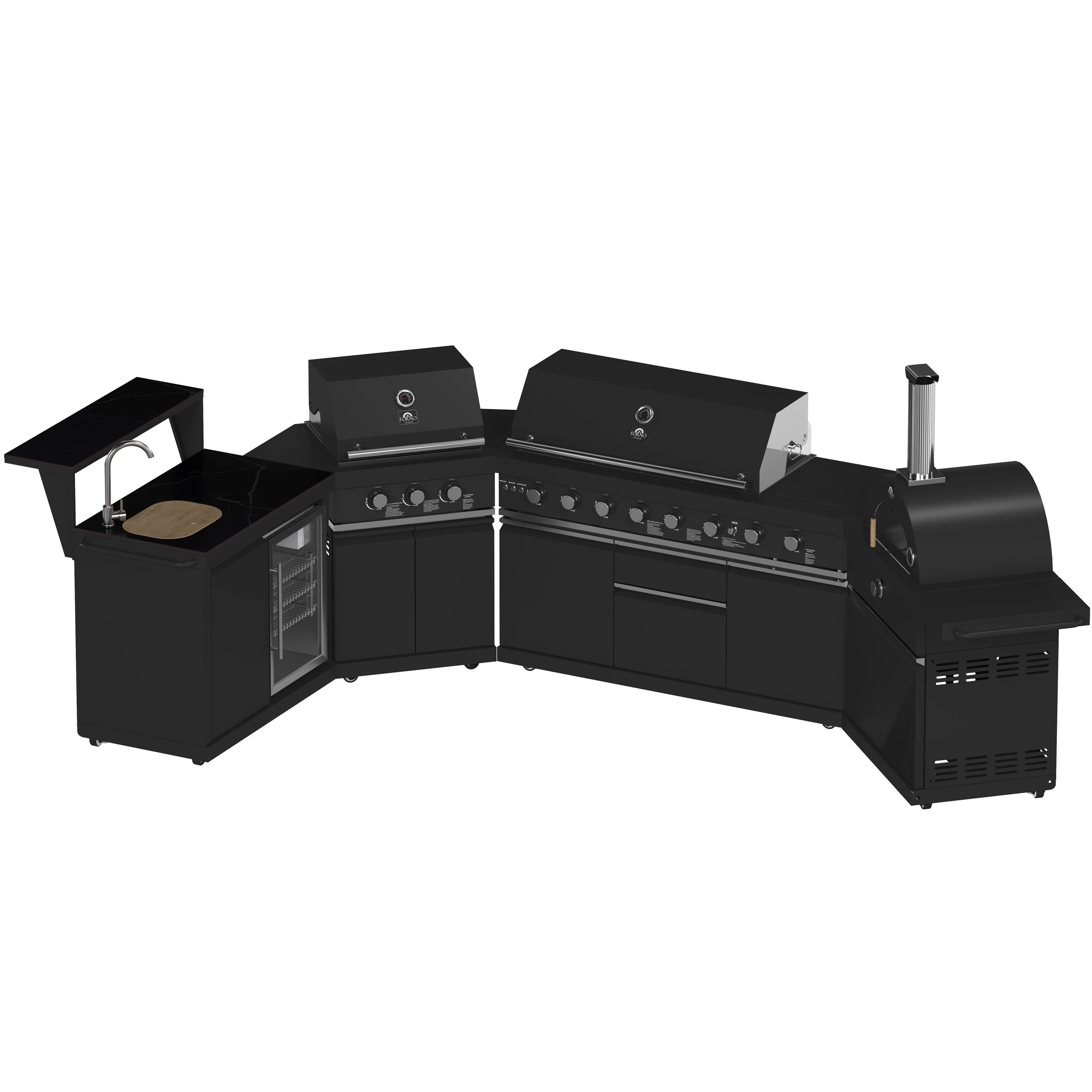 All’Aperto 99,600 BTU Outdoor Kitchen, 5 Burners, Infrared Burners, Side Burner, Black Sintered Stone Countertops, Gas Pizza Oven, Sink Module, Bar & Beverage Center FODKT2568BLK