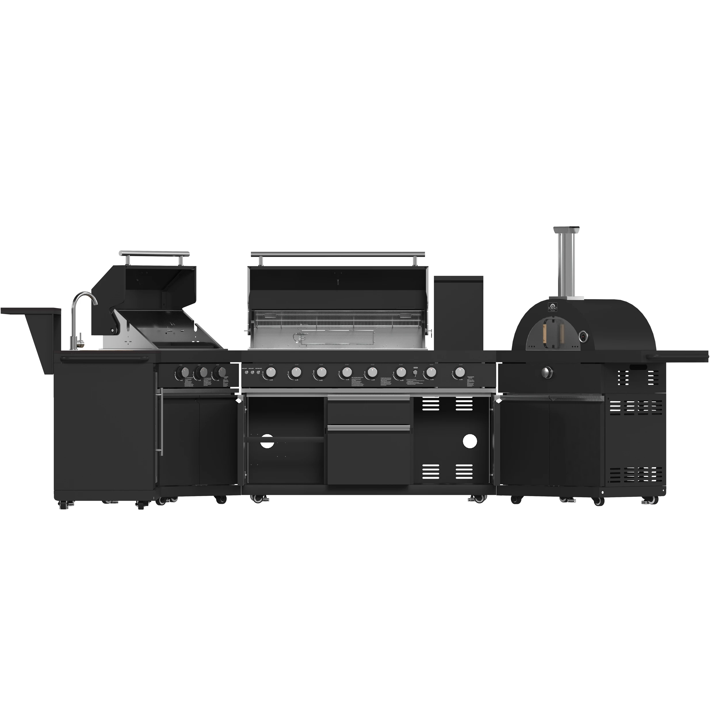 All’Aperto 99,600 BTU Outdoor Kitchen, 5 Burners, Infrared Burners, Side Burner, Black Sintered Stone Countertops, Gas Pizza Oven, Sink Module, Bar & Beverage Center FODKT2568BLK