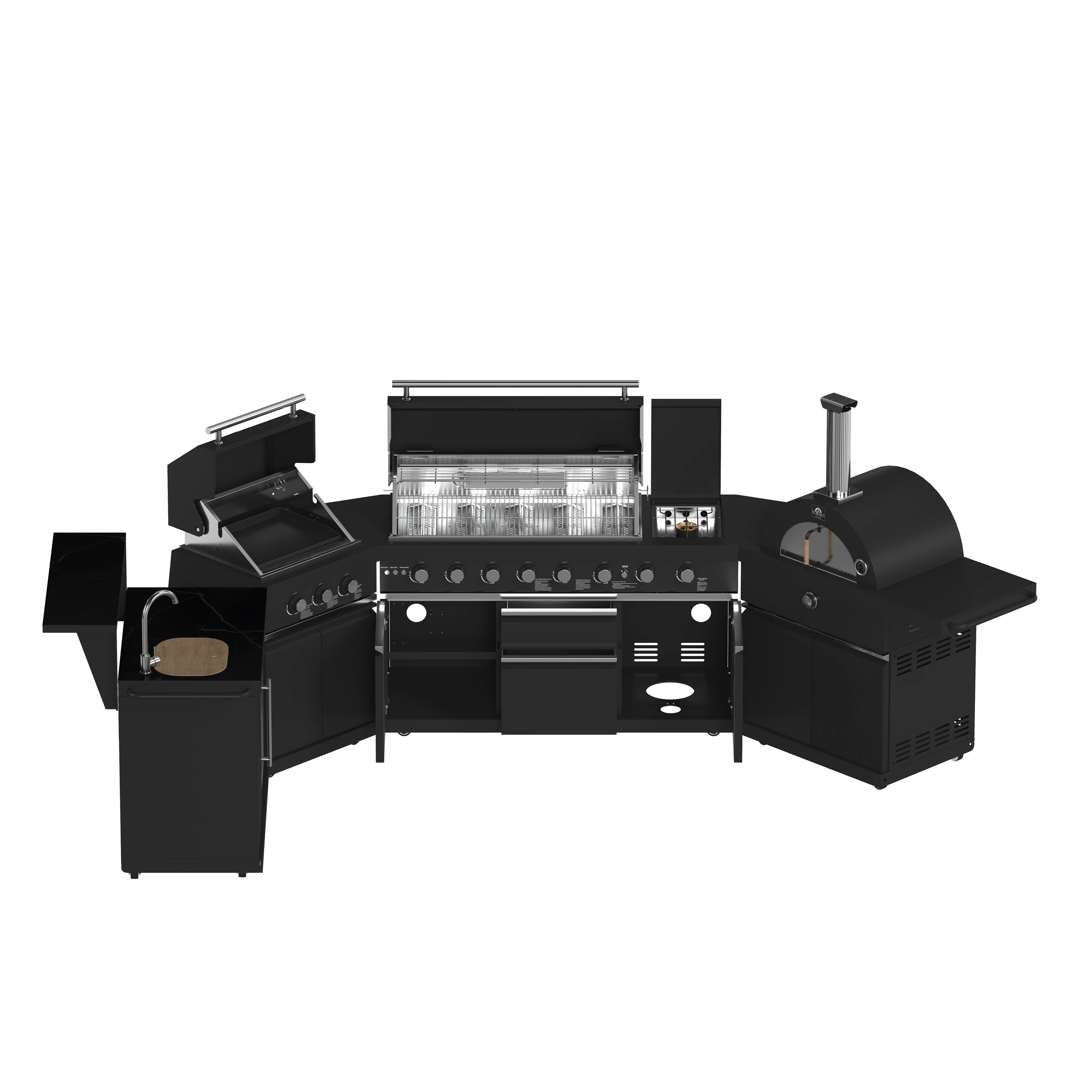 All’Aperto 99,600 BTU Outdoor Kitchen, 5 Burners, Infrared Burners, Side Burner, Black Sintered Stone Countertops, Gas Pizza Oven, Sink Module, Bar & Beverage Center FODKT2568BLK