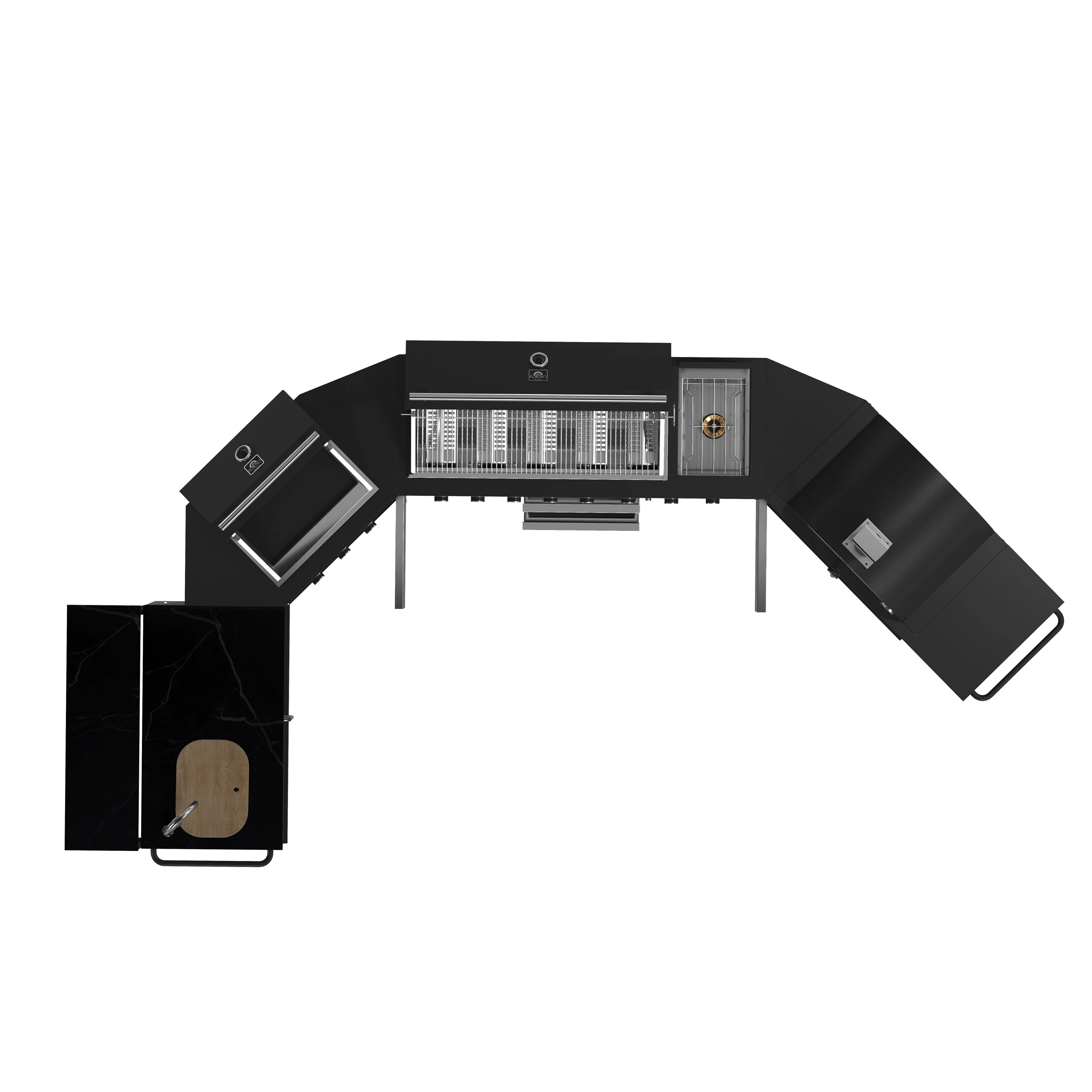 All’Aperto 99,600 BTU Outdoor Kitchen, 5 Burners, Infrared Burners, Side Burner, Black Sintered Stone Countertops, Gas Pizza Oven, Sink Module, Bar & Beverage Center FODKT2568BLK