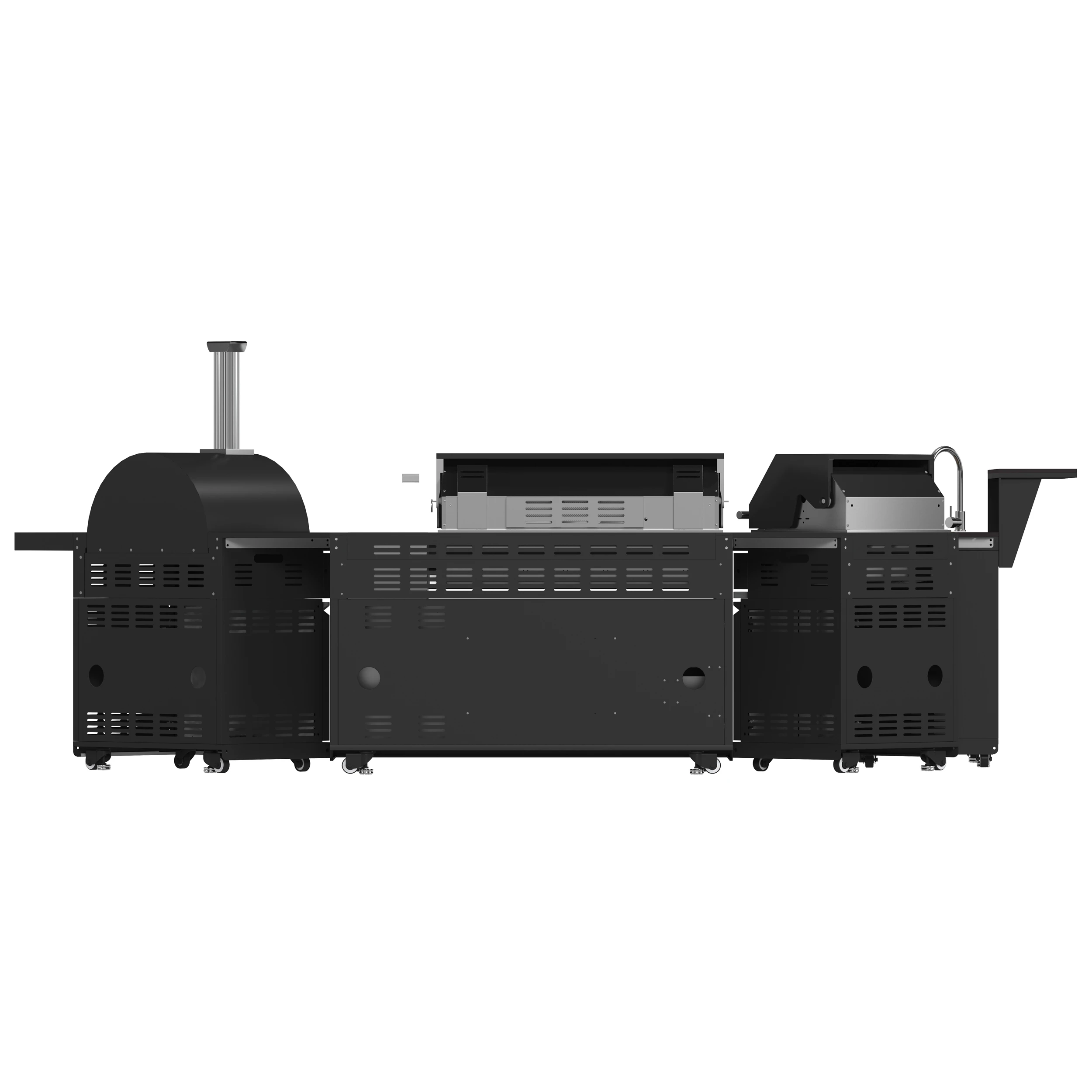 All’Aperto 99,600 BTU Outdoor Kitchen, 5 Burners, Infrared Burners, Side Burner, Black Sintered Stone Countertops, Gas Pizza Oven, Sink Module, Bar & Beverage Center FODKT2568BLK