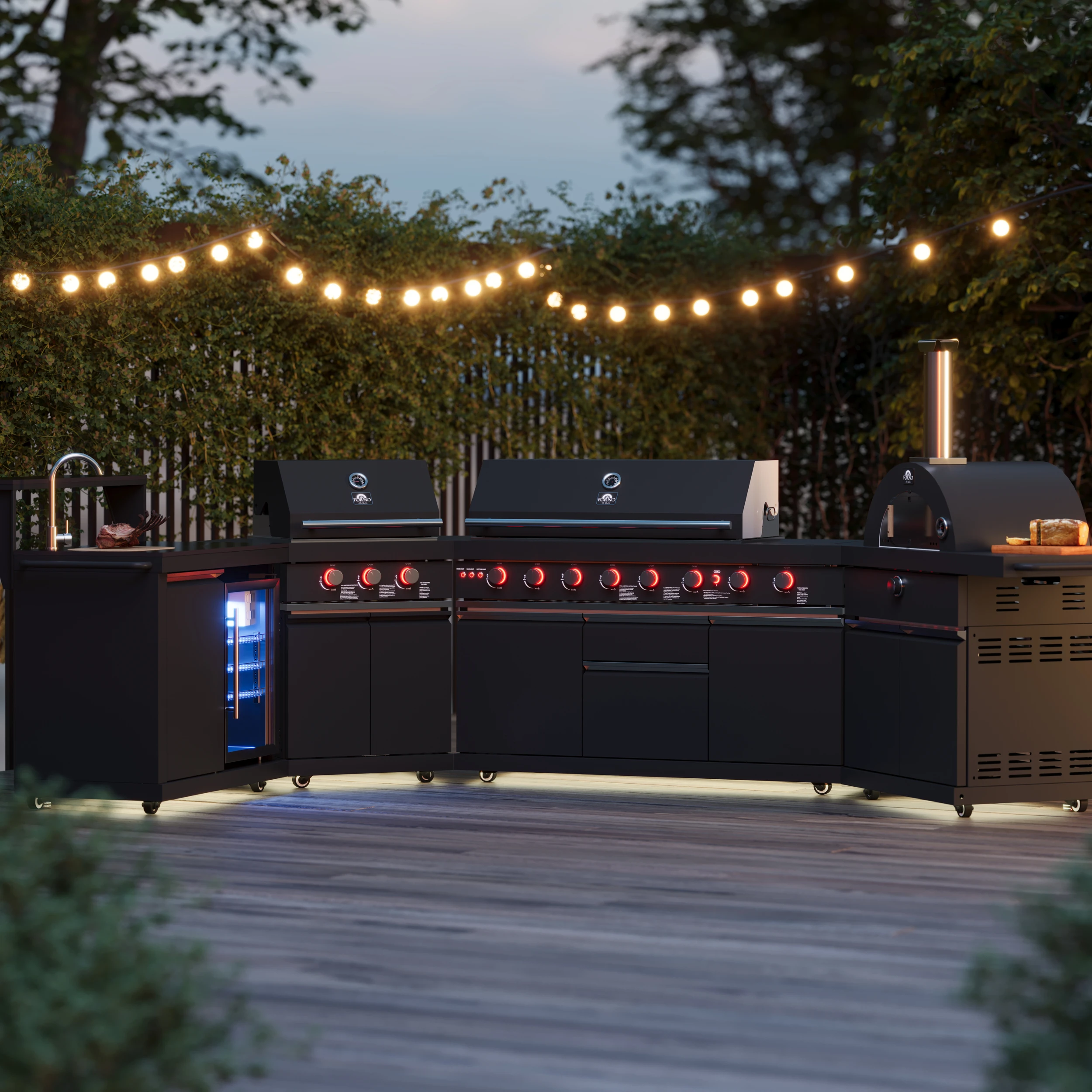 All’Aperto 99,600 BTU Outdoor Kitchen, 5 Burners, Infrared Burners, Side Burner, Black Sintered Stone Countertops, Gas Pizza Oven, Sink Module, Bar & Beverage Center FODKT2568BLK