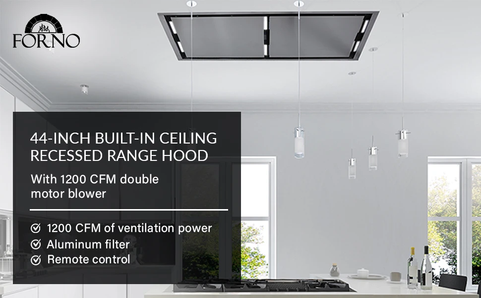 Arezzo 44-Inch Recessed Ceiling Range Hood, Dual Motors, 1200 CFM, Hybrid Filters, Remote Control FRHRE531244