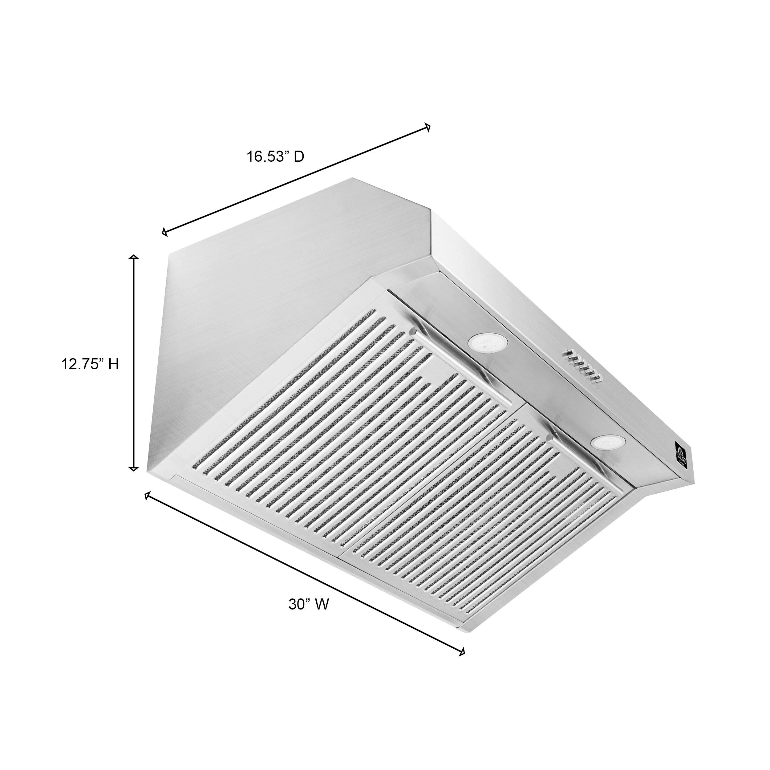 Bari Espresso 30-Inch Under Cabinet Range Hood, Stainless Steel, 400 CFM, LED Lighting, Dishwasher-Safe Baffle Filters, 4-Speed Fan Control FRHUC525530