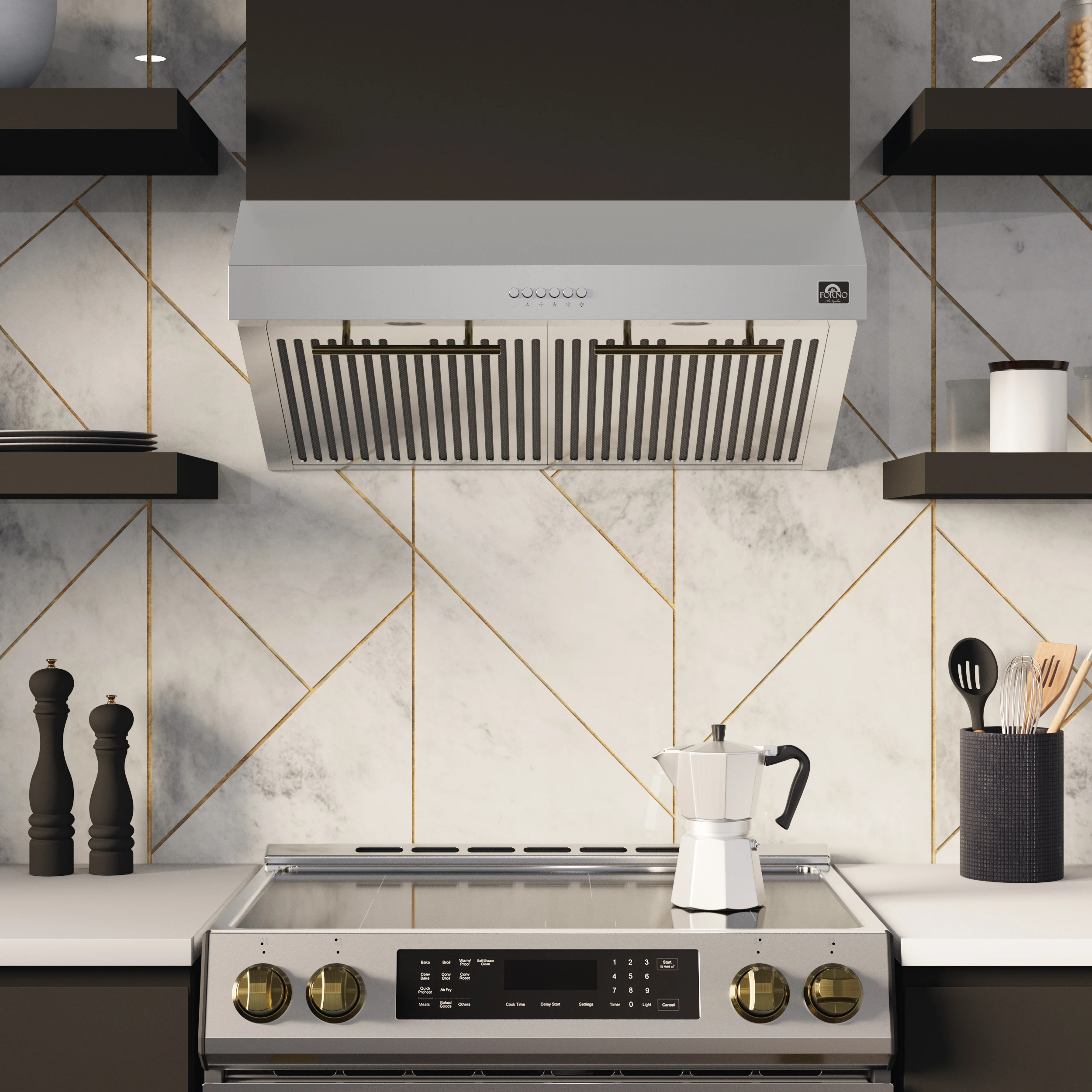 Bari Espresso 30-Inch Under Cabinet Range Hood, Stainless Steel, 400 CFM, LED Lighting, Dishwasher-Safe Baffle Filters, 4-Speed Fan Control FRHUC525530