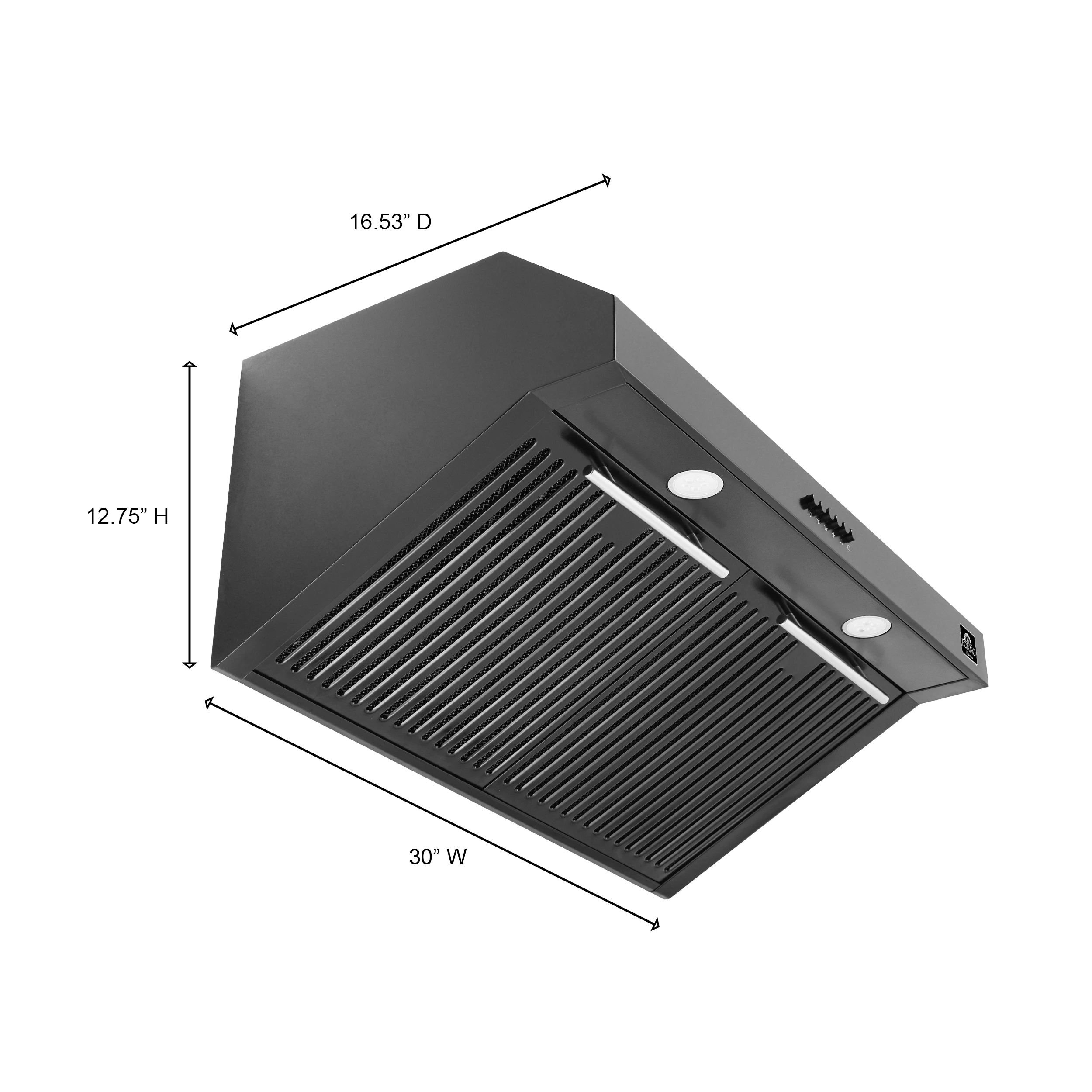 Bari Espresso 30-Inch Under Cabinet Range Hood, Black, 600 CFM, LED Lighting, Dishwasher-Safe Baffle Filters, 3-Speed Fan Control FRHUC525530BLK