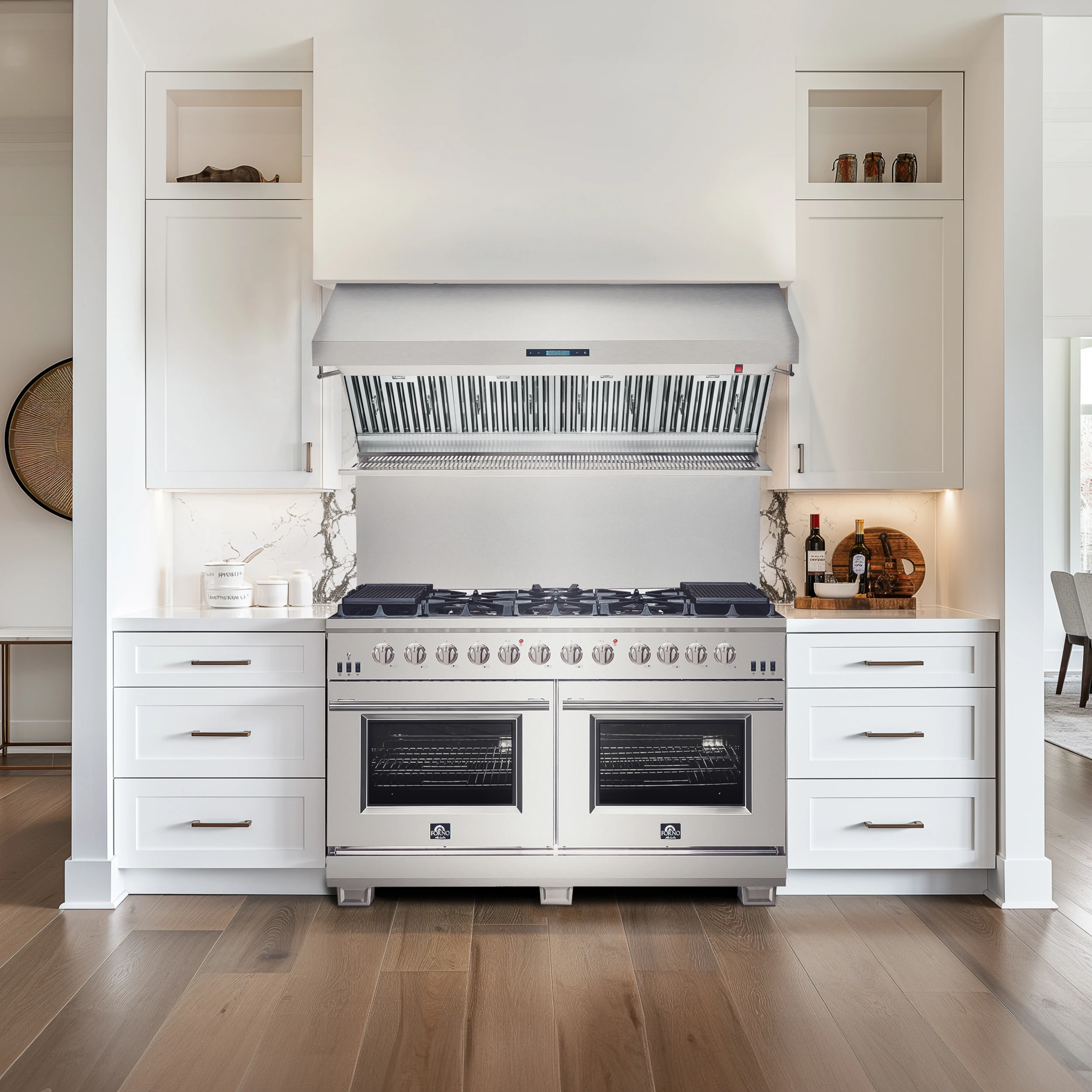 Savona 60-Inch Wall Mount Range Hood, Baffle Filters & Backsplash, Heating Lamps FRHWM502960