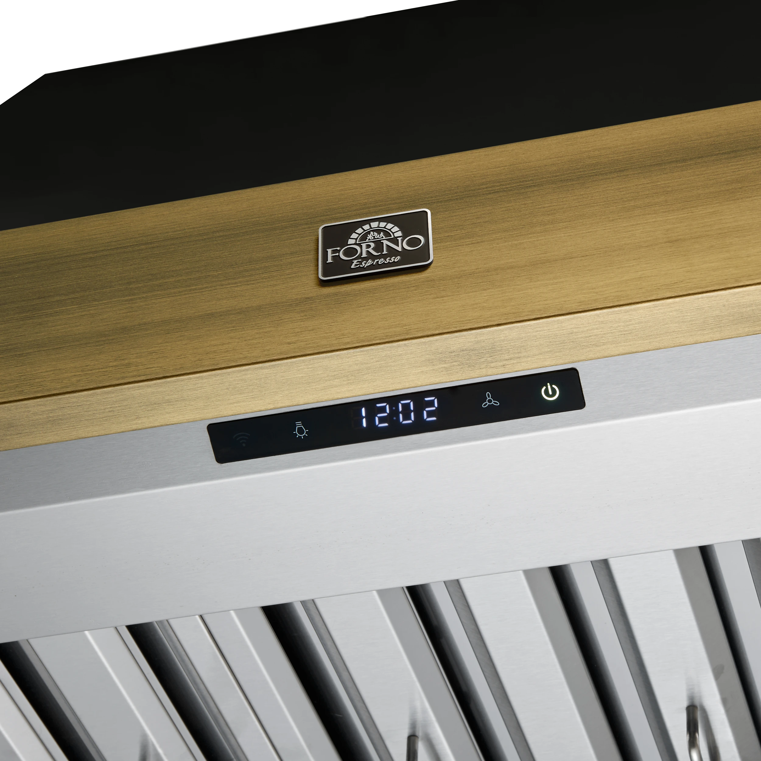 Vittorio 36-Inch Wall Mount Range Hood, Black with Antique Brass Trim, 600 CFM Airflow, Dishwasher-Safe Baffle Filters, Remote Control, 3-Speed Fan, Bright LED Lighting. FRHWM507836BLK