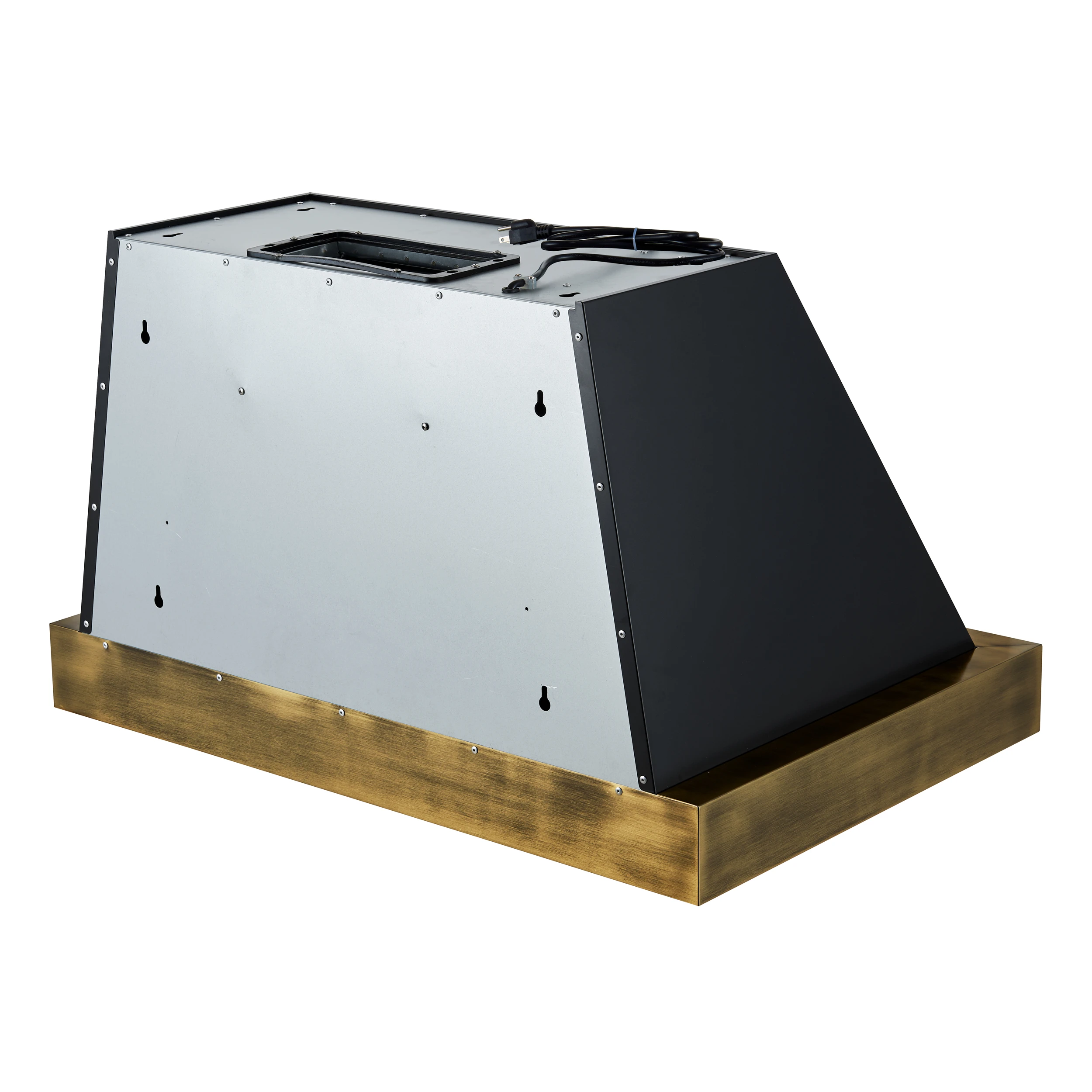 Vittorio 36-Inch Wall Mount Range Hood, Black with Antique Brass Trim, 600 CFM Airflow, Dishwasher-Safe Baffle Filters, Remote Control, 3-Speed Fan, Bright LED Lighting. FRHWM507836BLK