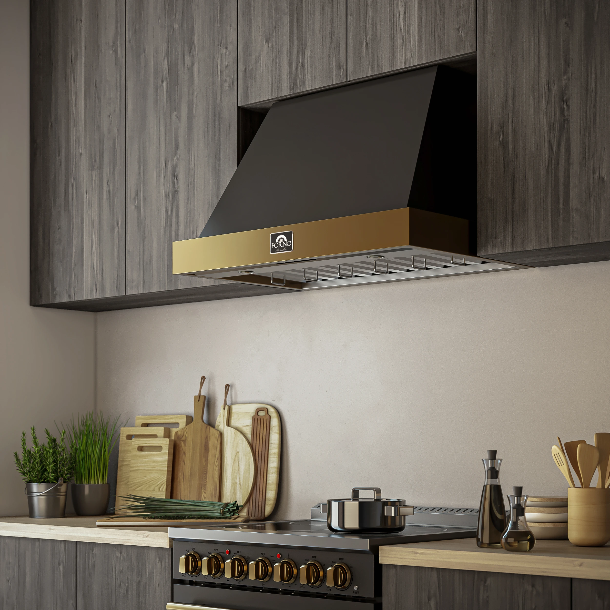 Vittorio 36-Inch Wall Mount Range Hood, Black with Antique Brass Trim, 600 CFM Airflow, Dishwasher-Safe Baffle Filters, Remote Control, 3-Speed Fan, Bright LED Lighting. FRHWM507836BLK