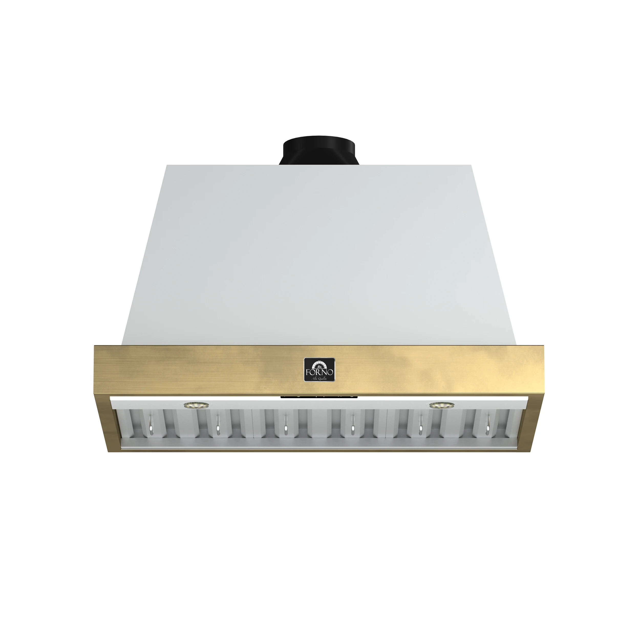 Vittorio 36-Inch Wall Mount Range Hood, White with Antique Brass Trim, 600 CFM Airflow, Dishwasher-Safe Baffle Filters, Remote Control, 3-Speed Fan, Bright LED Lighting. FRHWM507836WHT