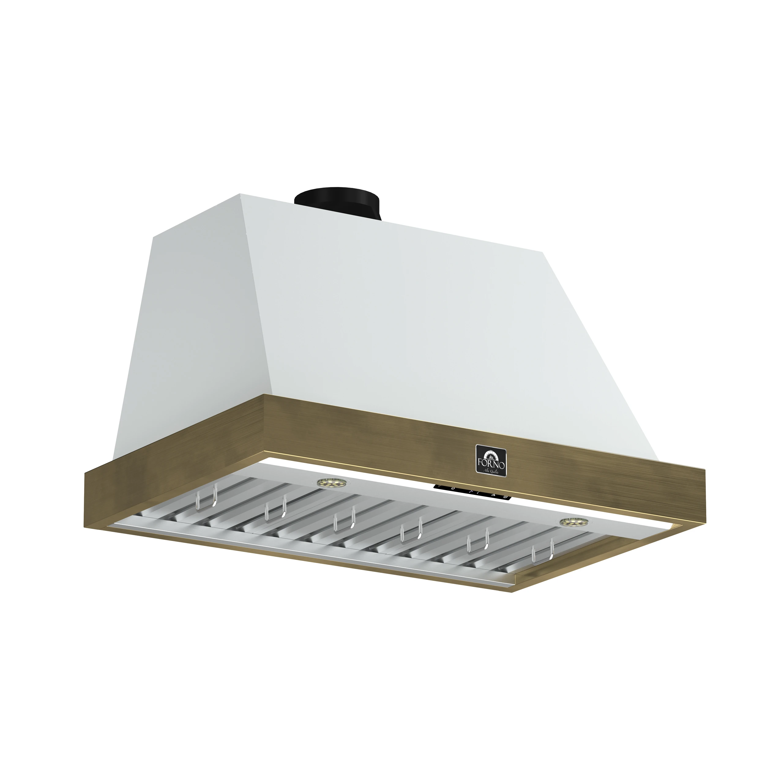 Vittorio 36-Inch Wall Mount Range Hood, White with Antique Brass Trim, 600 CFM Airflow, Dishwasher-Safe Baffle Filters, Remote Control, 3-Speed Fan, Bright LED Lighting. FRHWM507836WHT
