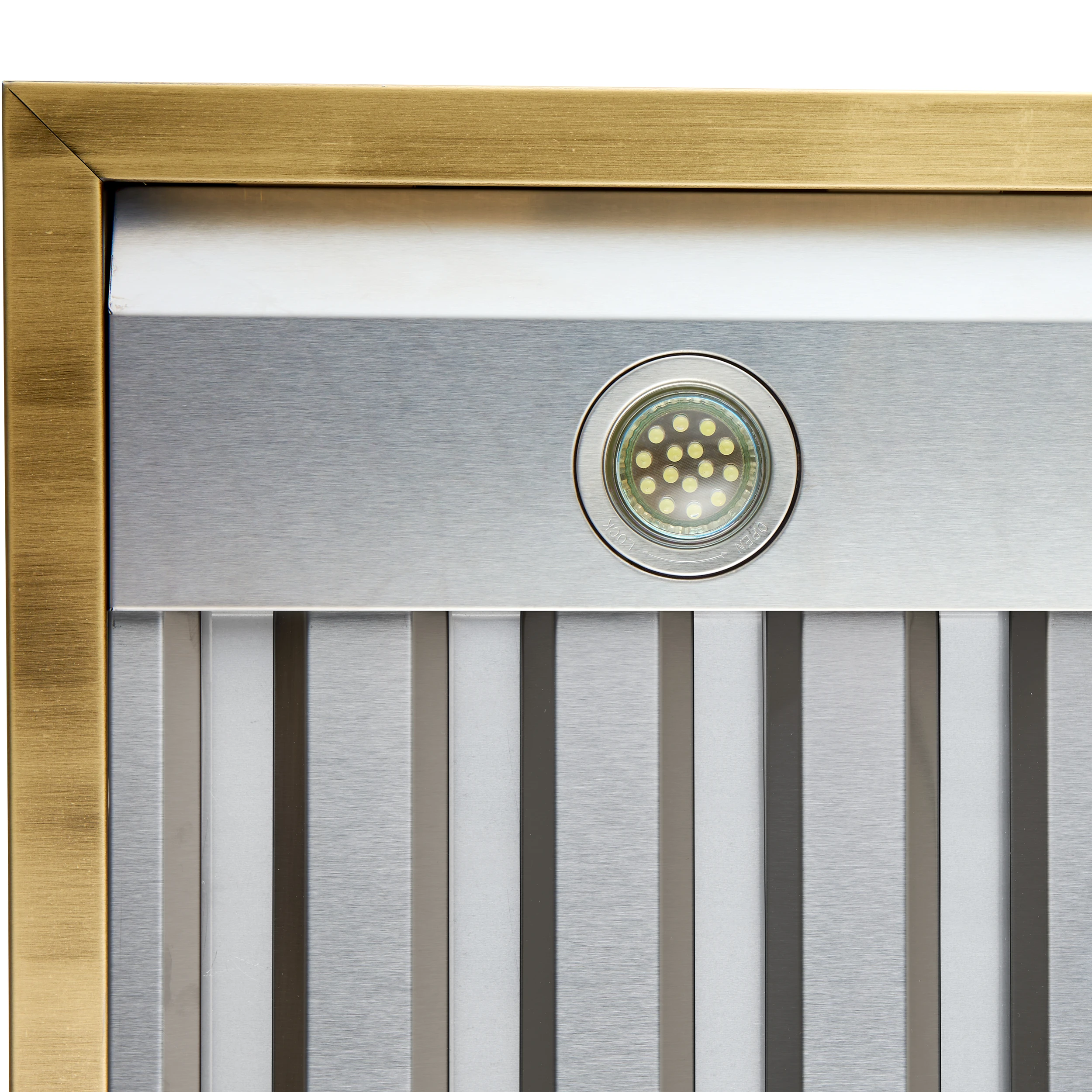 Vittorio 36-Inch Wall Mount Range Hood, White with Antique Brass Trim, 600 CFM Airflow, Dishwasher-Safe Baffle Filters, Remote Control, 3-Speed Fan, Bright LED Lighting. FRHWM507836WHT