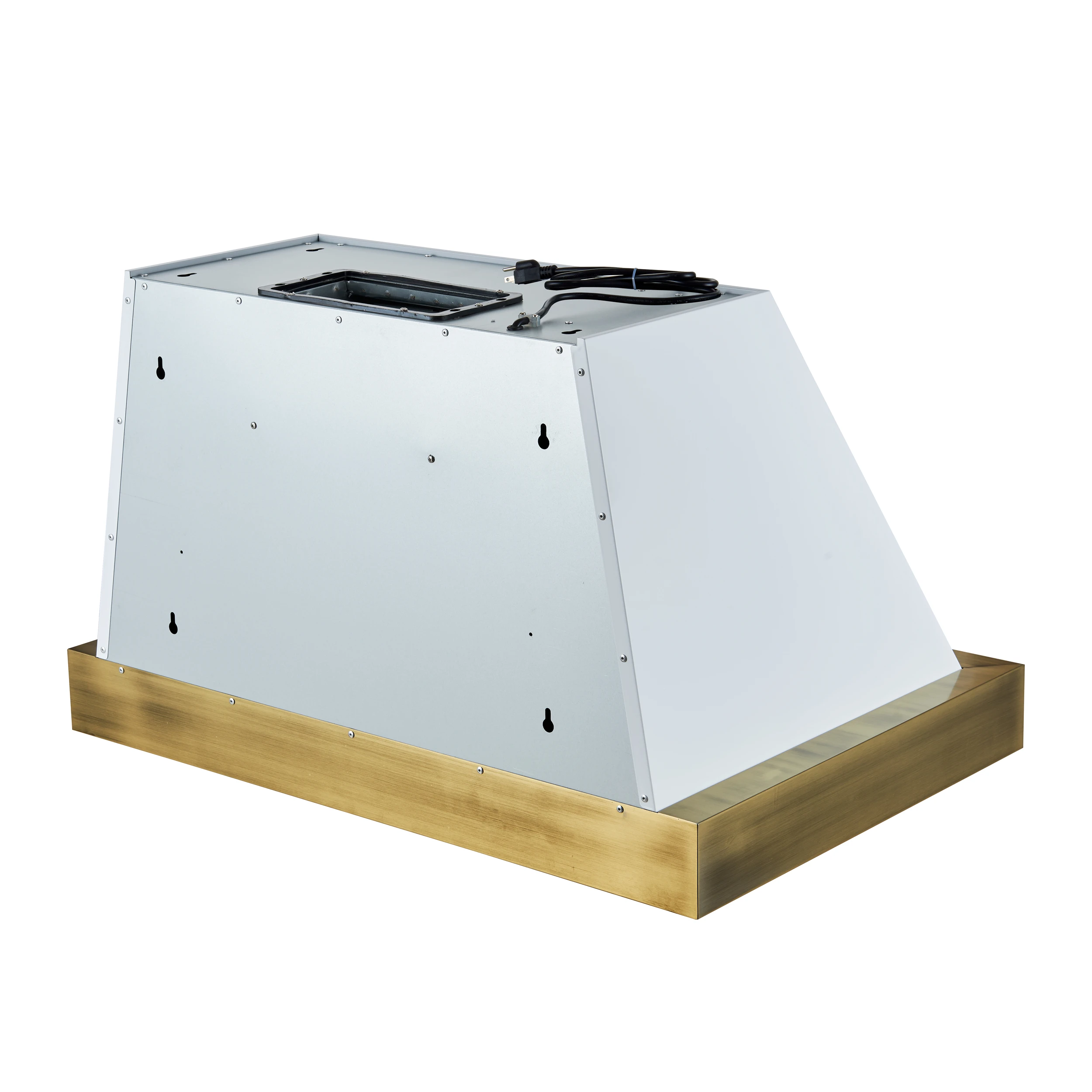 Vittorio 36-Inch Wall Mount Range Hood, White with Antique Brass Trim, 600 CFM Airflow, Dishwasher-Safe Baffle Filters, Remote Control, 3-Speed Fan, Bright LED Lighting. FRHWM507836WHT