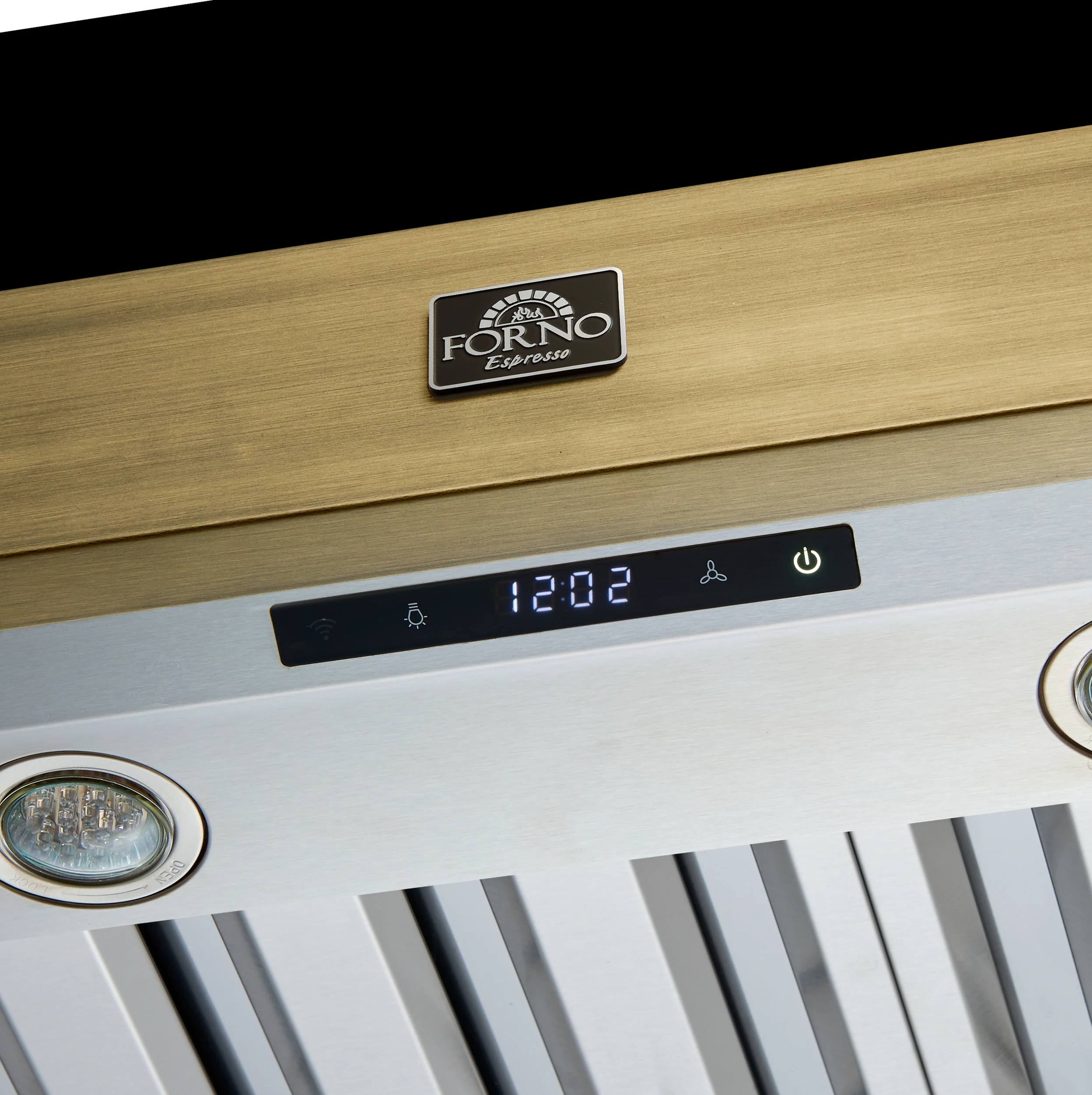 Vittorio 48-Inch Wall Mount Range Hood, Black with Antique Brass Trim, 600 CFM Airflow, Dishwasher-Safe Baffle Filters, Remote Control, 3-Speed Fan, Bright LED Lighting. FRHWM507848BLK