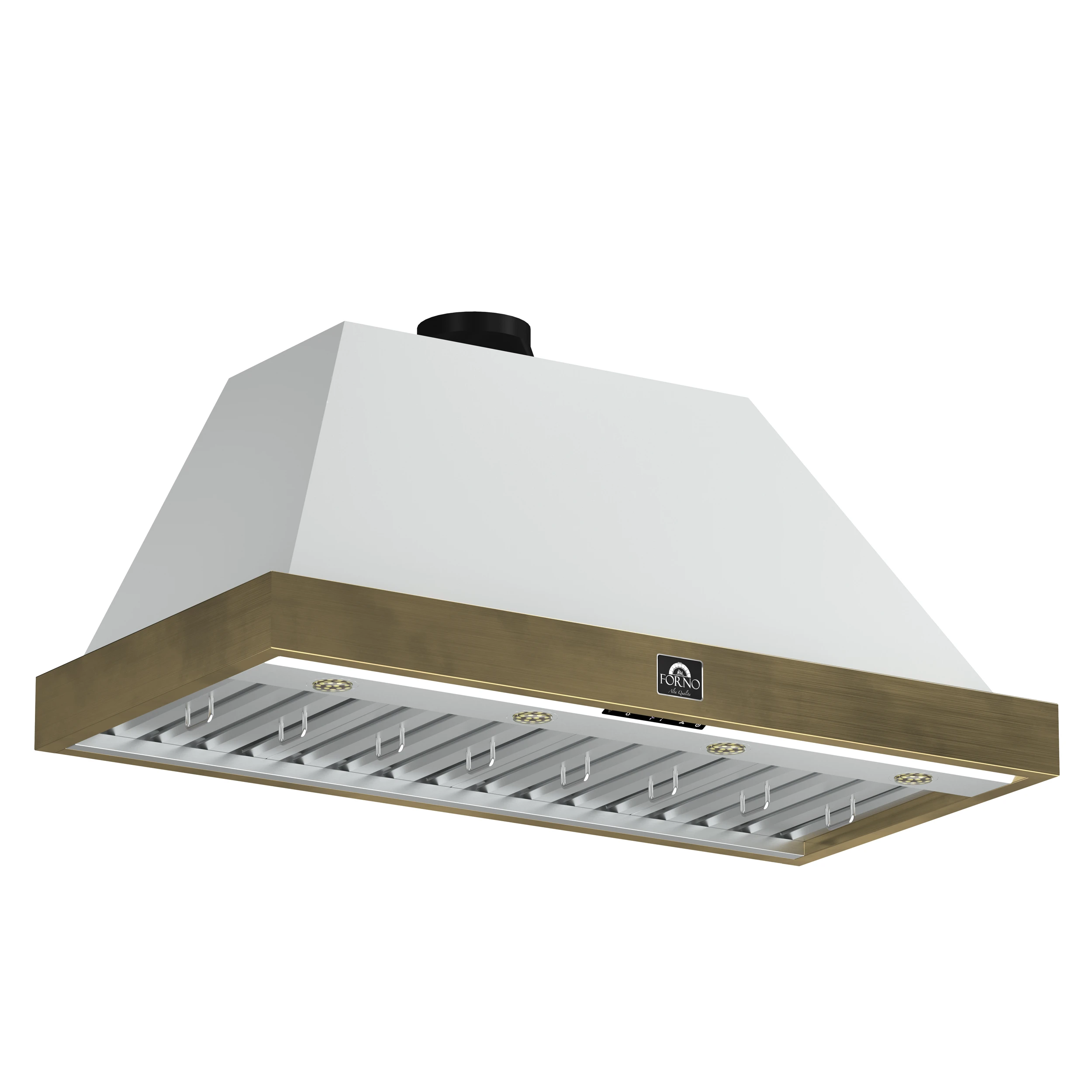Vittorio 48-Inch Wall Mount Range Hood, White with Antique Brass Trim, 600 CFM Airflow, Dishwasher-Safe Baffle Filters, Remote Control, 3-Speed Fan, Bright LED Lighting FRHWM507848WHT